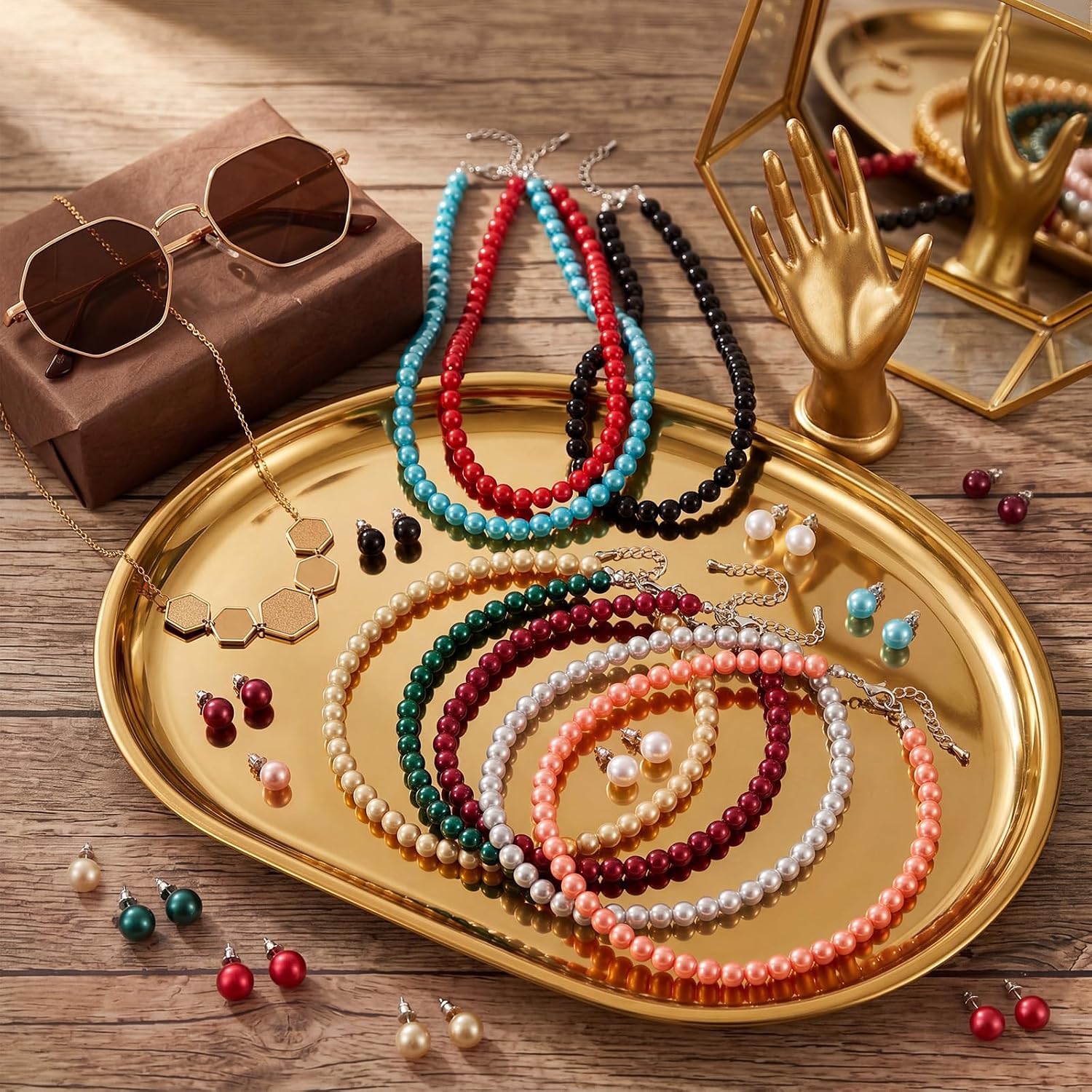Huwena 9 Set Faux Pearl Jewelry Set Bulk for Women, 8mm Colorful Round Simulated Shell Pearls Necklace Bracelet Stud Earrings Pearl Statement Jewelry Christmas Birthday Gifts for Women, 9 Colors