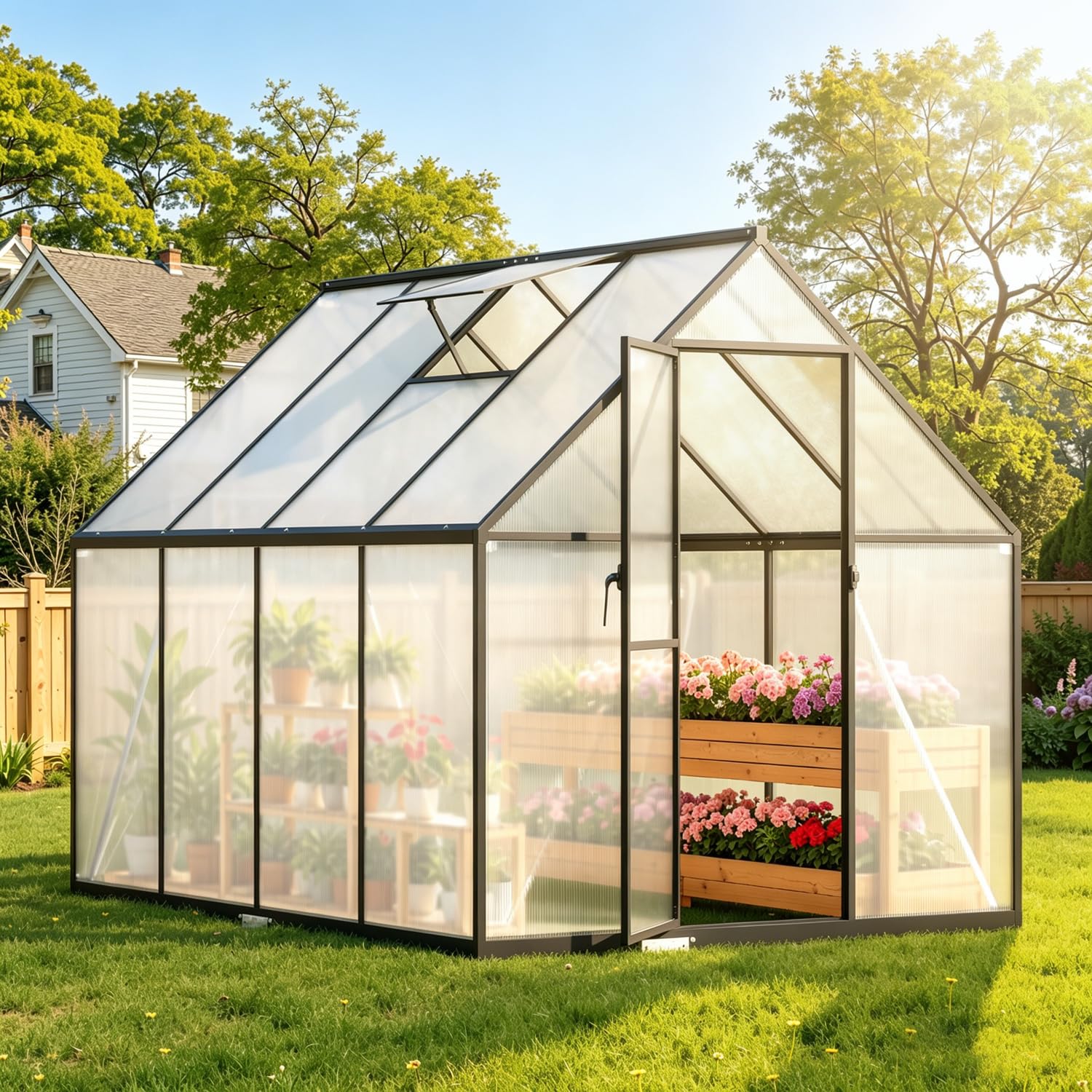 𝐉𝐚𝐱𝐠𝐮𝐨𝐦 Gewächshaus Aluminium 224 x 170 x 195 cm, 4 mm Polycarbonat-Hohlkammerplatten,mit Bodenrahmen & Dachfenster,Wetterbeständiges Tomatenhaus Treibhaus für Garten