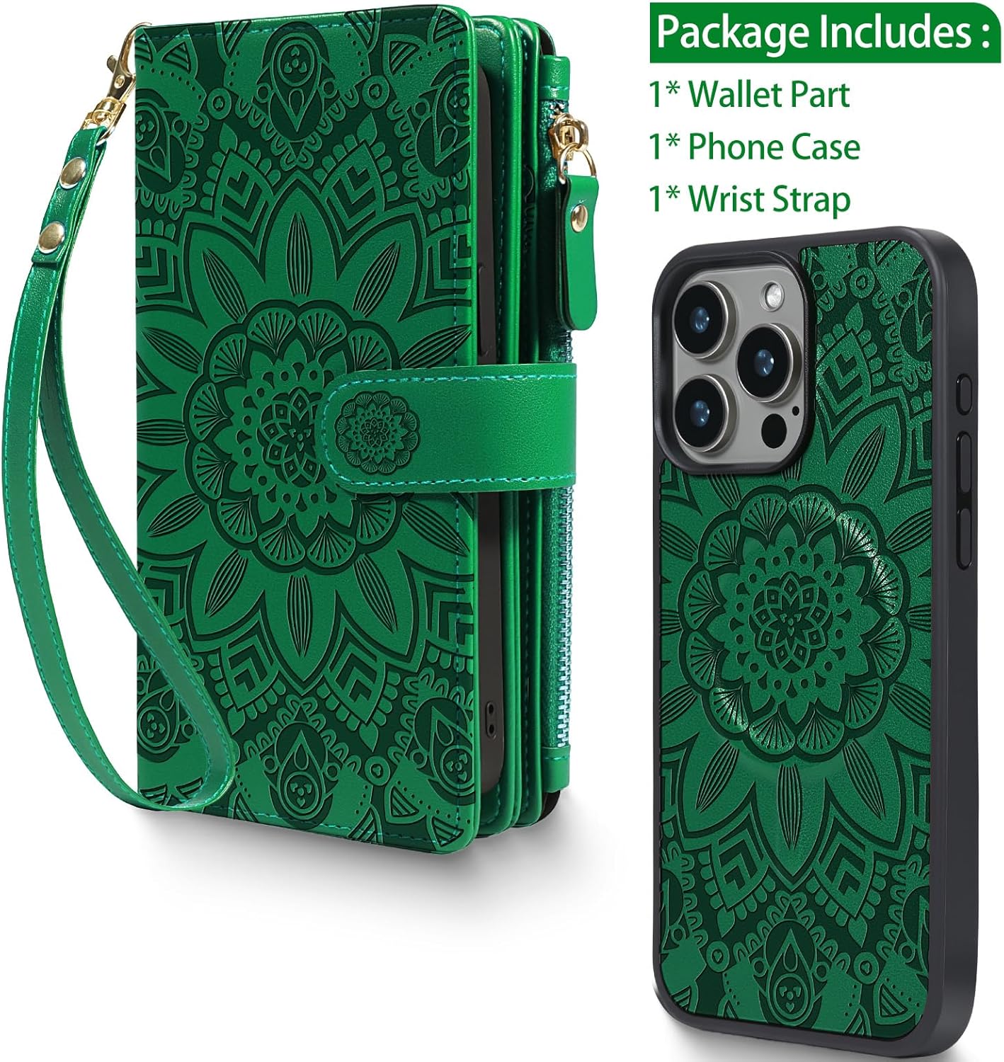2 in 1 for iPhone 12 Pro Max Wallet Case Magnetic Compatible with Magsafe RFID Blocking Card Holder Detachable Phone Cover Zipper Purse Kickstand Wrist Strap for Men Women 6.7" 2020 Floral Green - Image 6