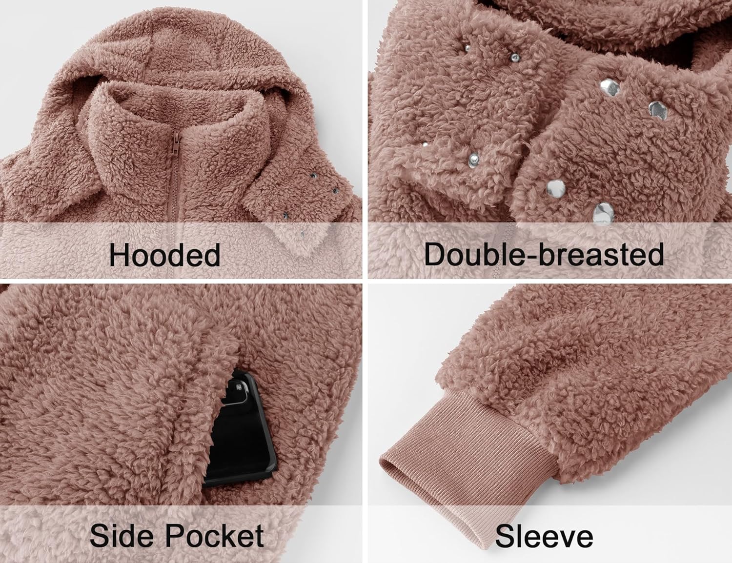 Micoson Womens Faux Fur Coat Winter Full Zip Sherpa Fleece Jacket Long Sleeve Warm Fuzzy Outerwear with Hooded - Image 6