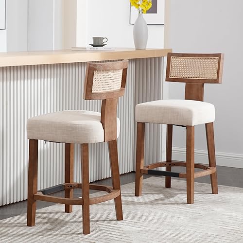 Juego de 2 taburetes de bar de ratán de 26 pulgadas, taburetes de bar de altura de mostrador, taburetes de cocina modernos con respaldo tejido de