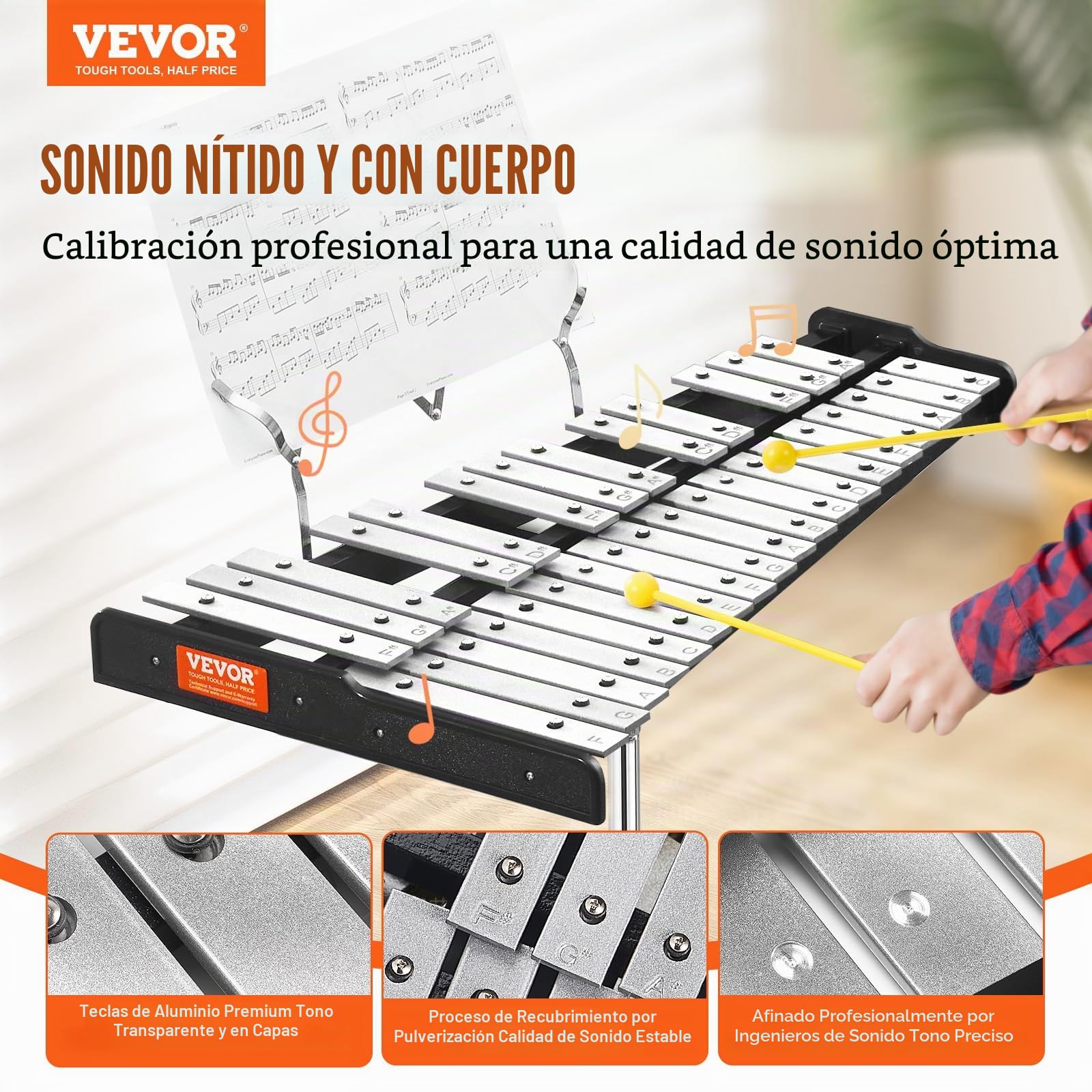 VEVOR Kit de campana de xilófono Glockenspiel de 32 notas, juego de instrumentos de percusión profesional con mazos, baquetas, atril, soporte ajustable y bolsa de transporte para estudiantes y adultos