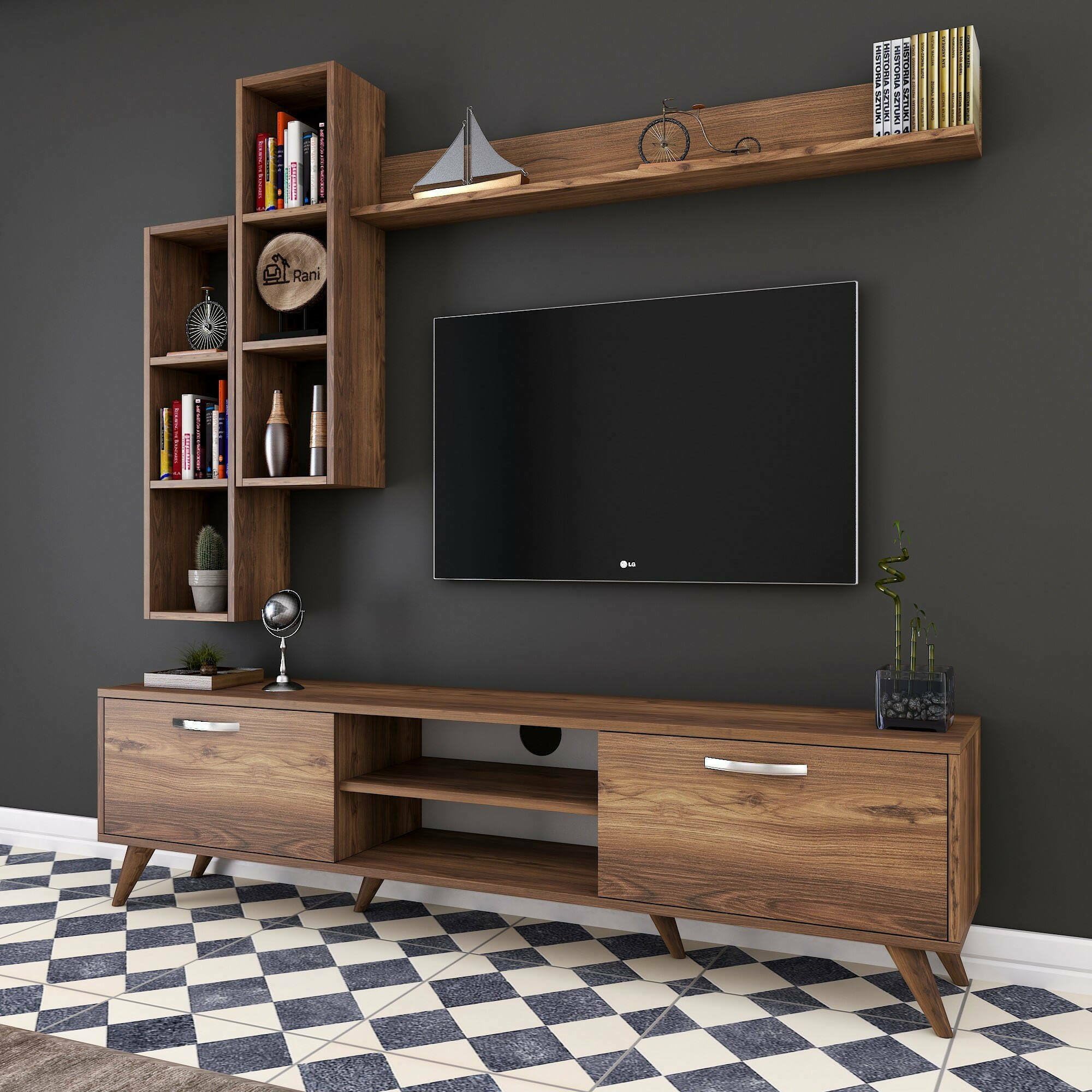 Dmora - Parete attrezzata Lokis, Composizione soggiorno, Mobile salotto multiuso, Armadio porta TV, 180x35 h49 cm, Noce