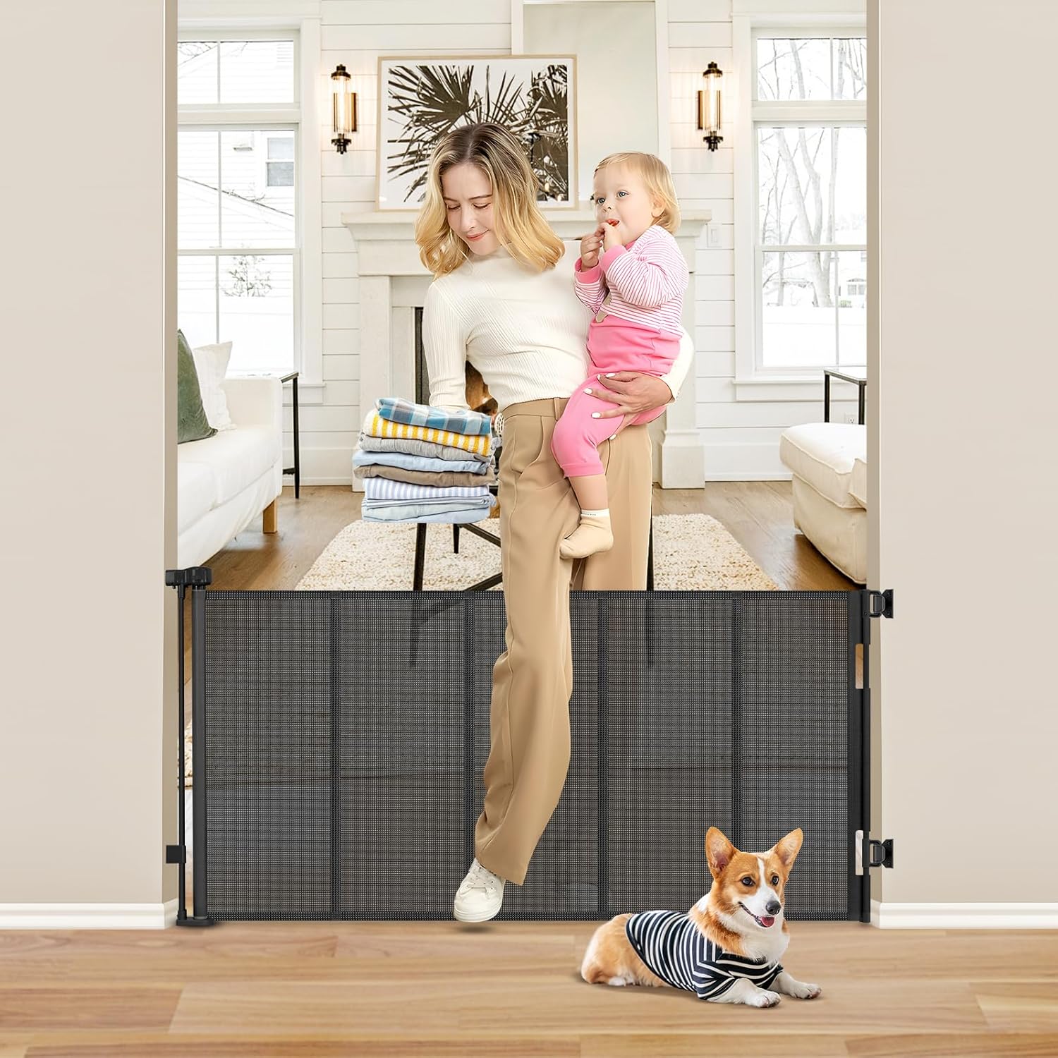 Reinforced 26 Inch Tall Retractable Dog Gate to Step Over 55" Wide Short Mesh Baby Gate Retractable Baby Gate for Doorway Low Outdoor Retractable Gate Small Pet Gate for Stair Puppy Gate for The House Black Reinforced 26" Tall x 55" Wide