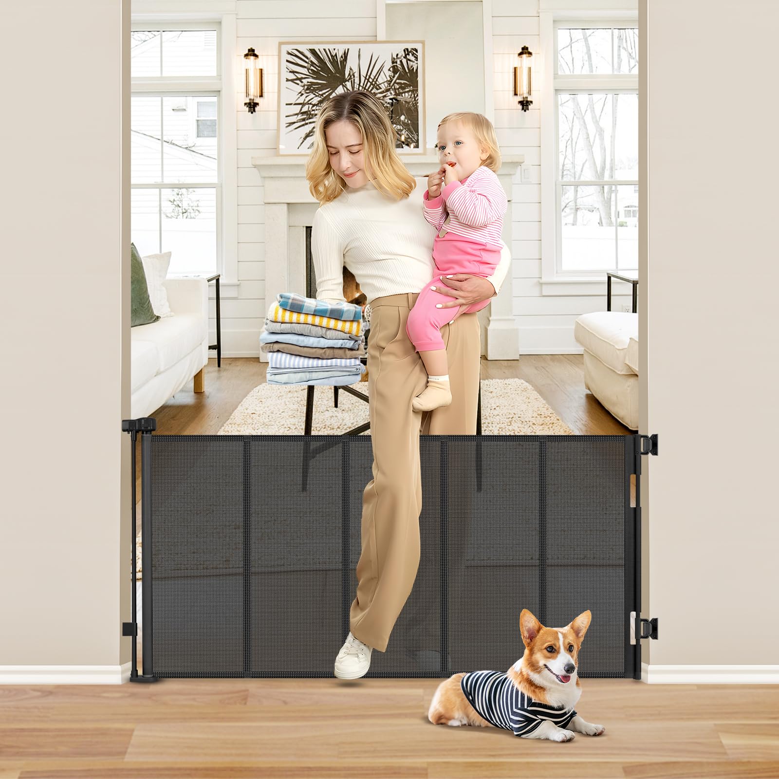 Reinforced 26 Inch Tall Retractable Dog Gate to Step Over 55