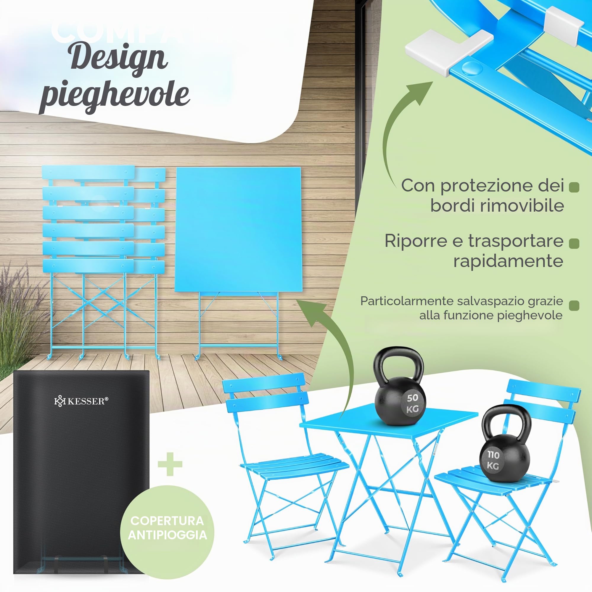 KESSER® Set di mobili da bistrot 3 pezzi con tavolo da bistrot e 2 sedie pieghevoli | Set di mobili da giardino per esterni, gruppo di sedute | Tavolo da giardino resistente ai raggi UV e agli agenti