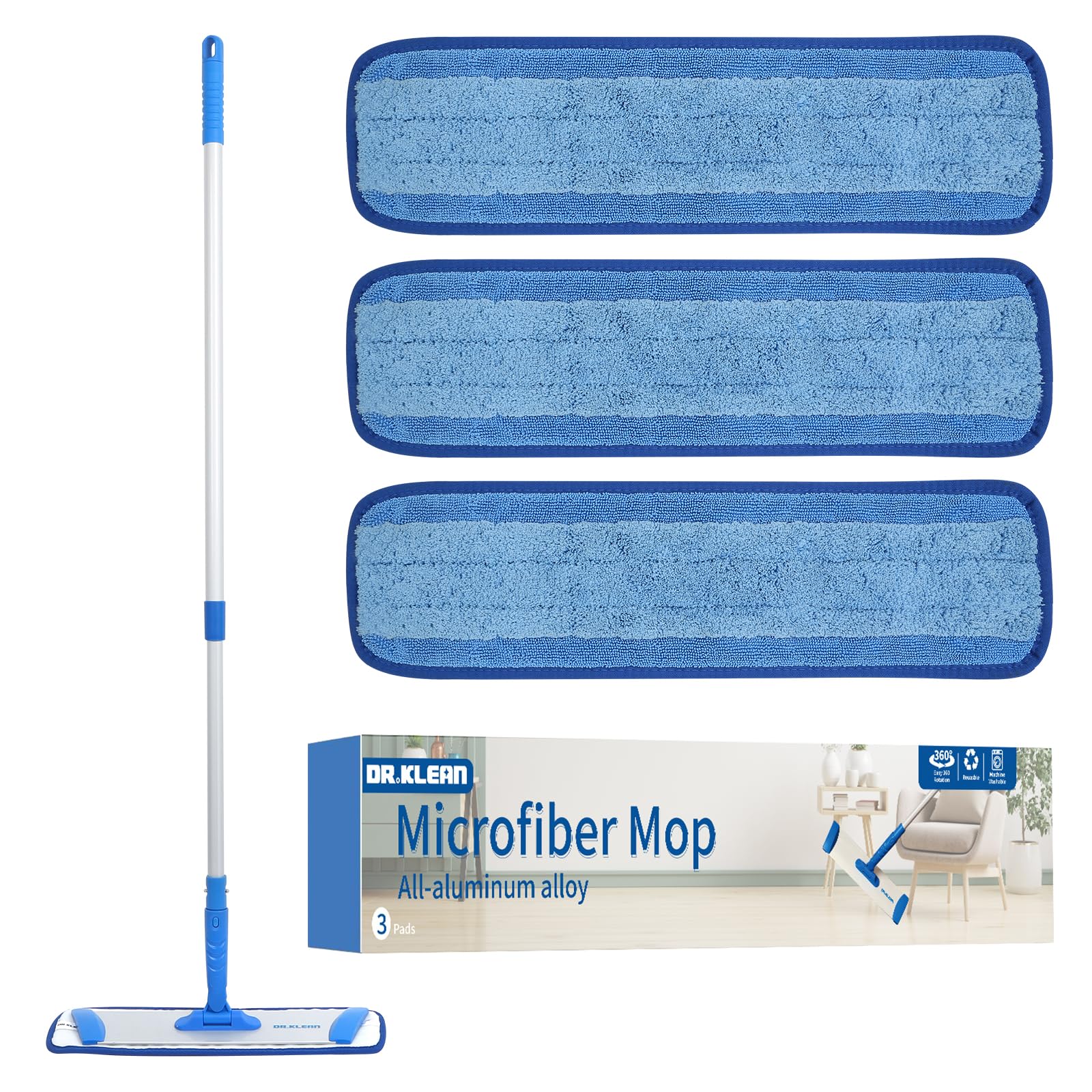 DRKLEAN Microfiber Mop,Floor Cleaning Mop,Dust mop,Aluminum Mop,Adjustable Aluminum Handle,3 Wet and Dry Reusable Washable Mop Pads