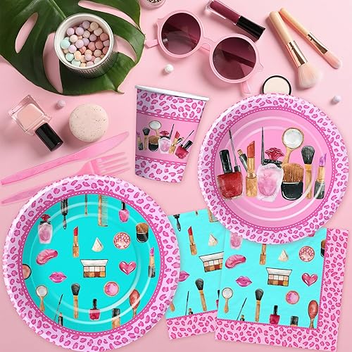 Miniatura 7 de Suministros de fiesta de cumpleaños de spa para niñas, decoración de fiesta de maquillaje de spa, vajilla, plato de fiesta de spa, taza, servilleta,