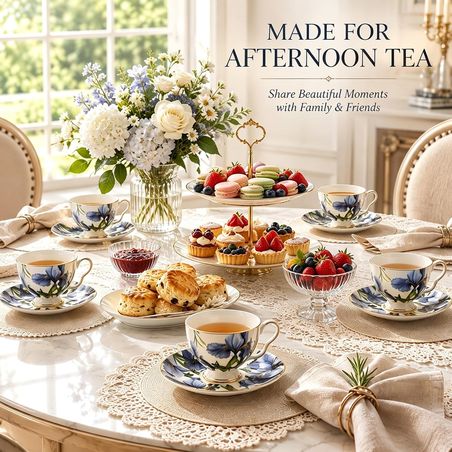 12-Piece Tea Cups and Saucers Set for 6, Blue Iris Gold Trim