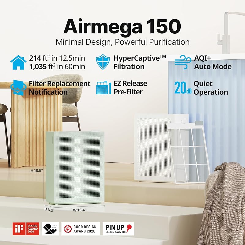 COWAY Air Purifiers for Home Bedroom up to 1,035ft² with HEPA Filter, Carbon Filter, Washable Filter for Smoke, Pollen, Dander, with Air Quality Monitor, Auto Mode, 3yr Warranty, Airmega 150 White image 2