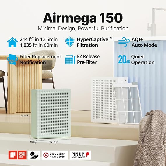 COWAY Air Purifiers for Home Bedroom up to 1,035ft2 with HEPA Filter, Carbon Filter, Washable Filter for Smoke, Pollen, Dander, with Air Quality Monitor, Auto Mode, Airmega 150 White