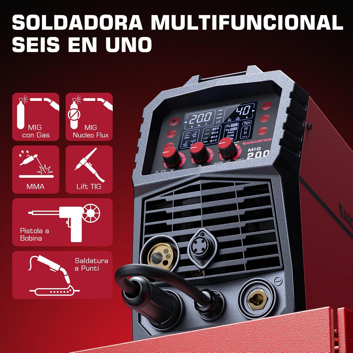Close-up of ARCCAPTAIN MIG200 synergic control panel