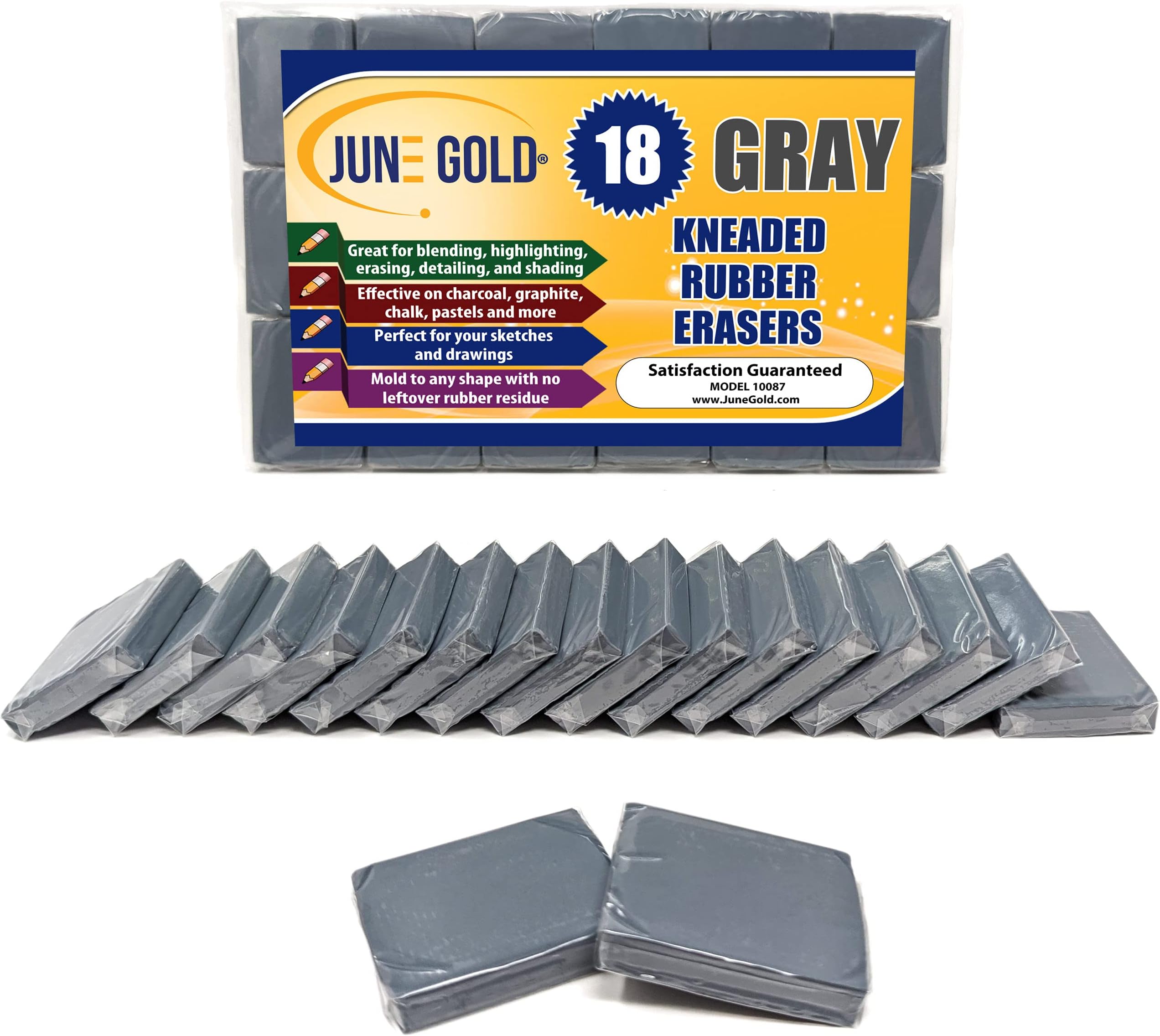 June Gold 18 Gray Kneaded Erasers, Blend, Shade, Smooth, Correct, and Brighten Your Sketches and Drawings