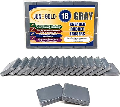 June Gold 18 Gray Kneaded Erasers, Moldable for Graphite, Charcoal & More | Blend, Shade, Smooth, Correct, and Brighten your Sketches and Drawings