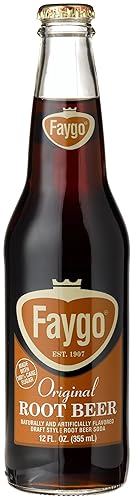 Faygo ROOT BEER, botellas de vidrio de cuello largo de 12 onzas con pintura orgánica (paquete de 12)