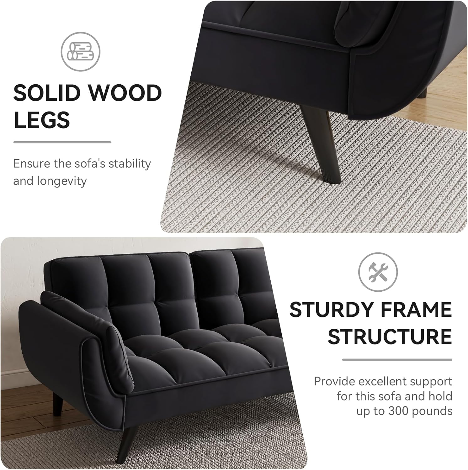 KINFFICT 57 inch Black Futon Sofa Couch Bed, Comfy Velvet Upholstered Loveseat, Convertible Sleeper Sofa cama with Adjustable Backrest, Mid Century Modern Sofas for Living Room, Bedroom, Small Space