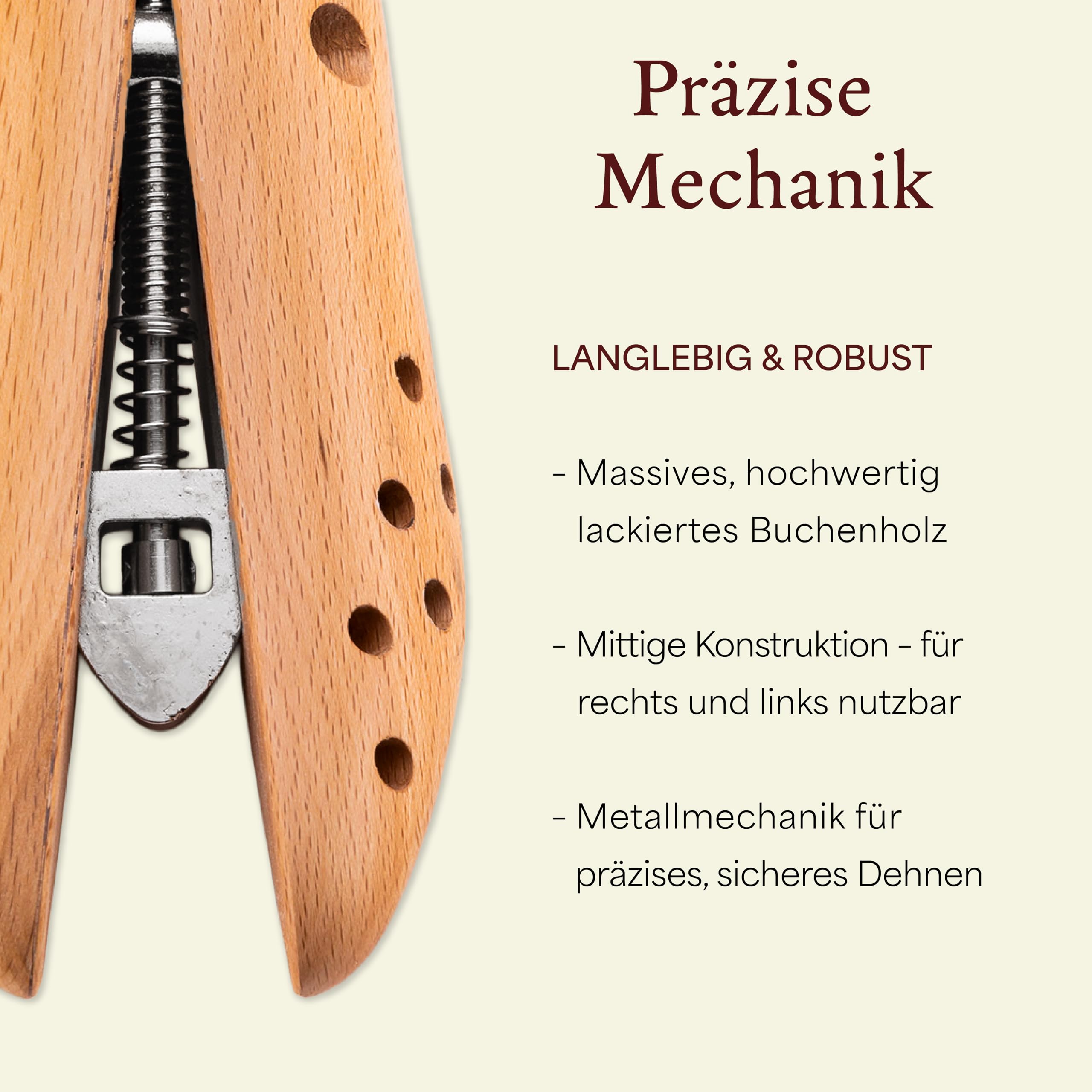 Langer & Messmer Schuhdehner für Damen gegen drückende Schuhe, Stiefel oder High Heels - aus massivem Buchenholz und Mechanik aus Metall - Dehnt in Weite oder Länge & Weite inkl. Lederdehnerspray