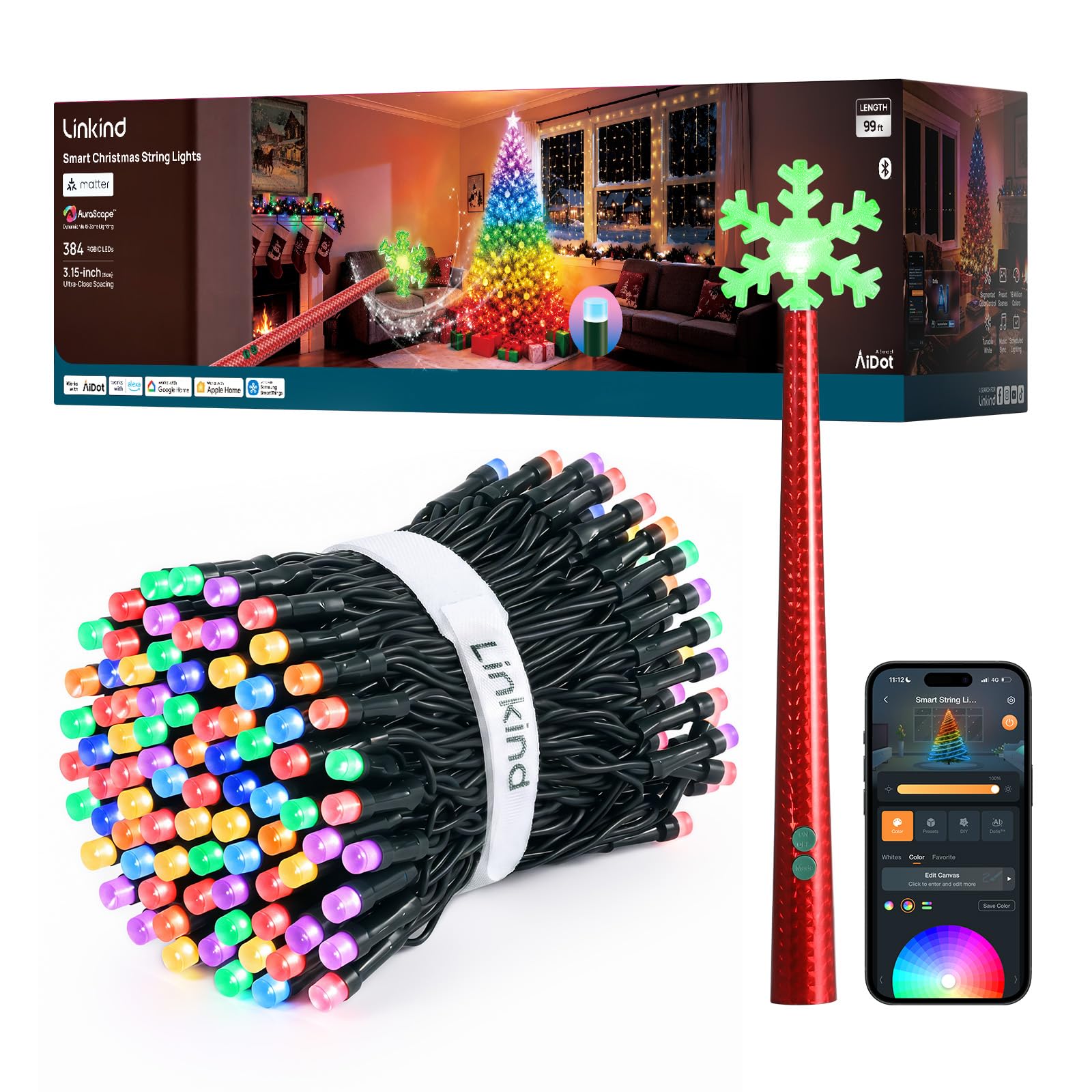 62+ Modes, Individual DIY, Aidot APP, Wi-Fi, Matter, Works with Alexa, Tunable White, Indoor Holiday Christmas Decorations Linkind Smart Halloween String Lights RGB 157FT 512 LEDs with Magic Wand