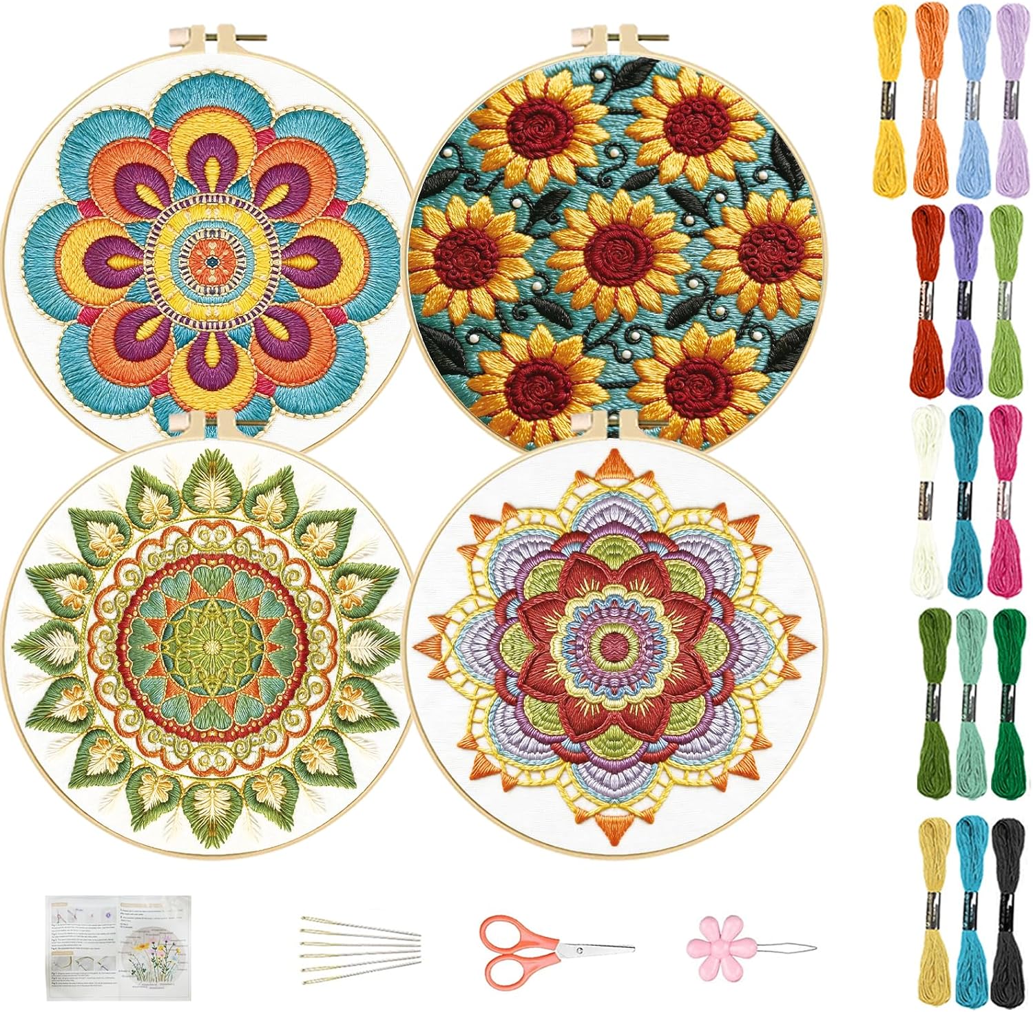 FREEBLOSS 4 Sets Embroidery Kit for Beginners Needlepoint Embroidery Starter Kit with Mandala Stamped Patterns, Instructions, Colored Threads, 2 Hoops 20cm/7.9inch