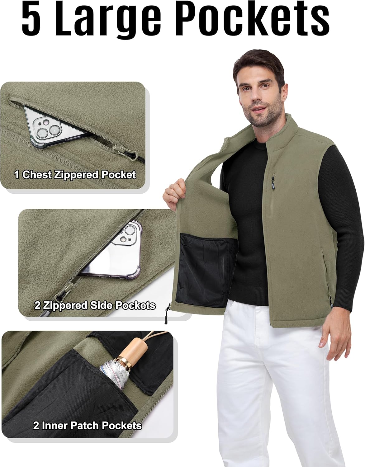 Outdoor Ventures Men's Full-Zip Lightweight Polar Fleece Vest Outerwear with 5 Pockets Warm Winter Sleeveless Jacket Casual - Image 3