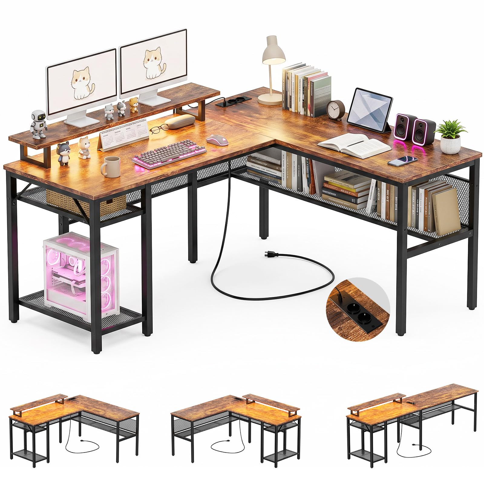 Homieasy Gaming Schreibtisch Eckschreibtisch L Form Reversibel LED | Metallrahmen Mit Holzplatten, Monitorständer Und Regal, Steckdosen, USB-A Und USB-C
