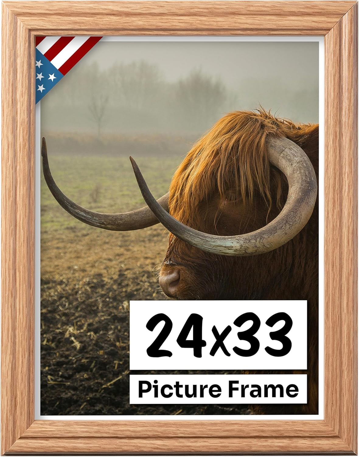 Oak 24x33 Picture Frame .75" Inch Wide - Faux Oak Decor Handmade Solid Wood Frames with Preinstalled Hangers and UV Blocking Plexiglass 33x24 Frame