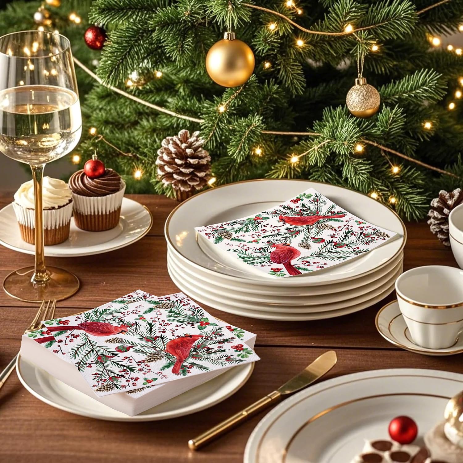 WRAPAHOLIC 50Pcs Cardinal Bird Christmas Paper Napkins - 3-Ply Disposable Cocktail Napkin for Christmas Party Supplies Tableware, Holiday Xmas Party Decorative Towels - 5 x 5 In
