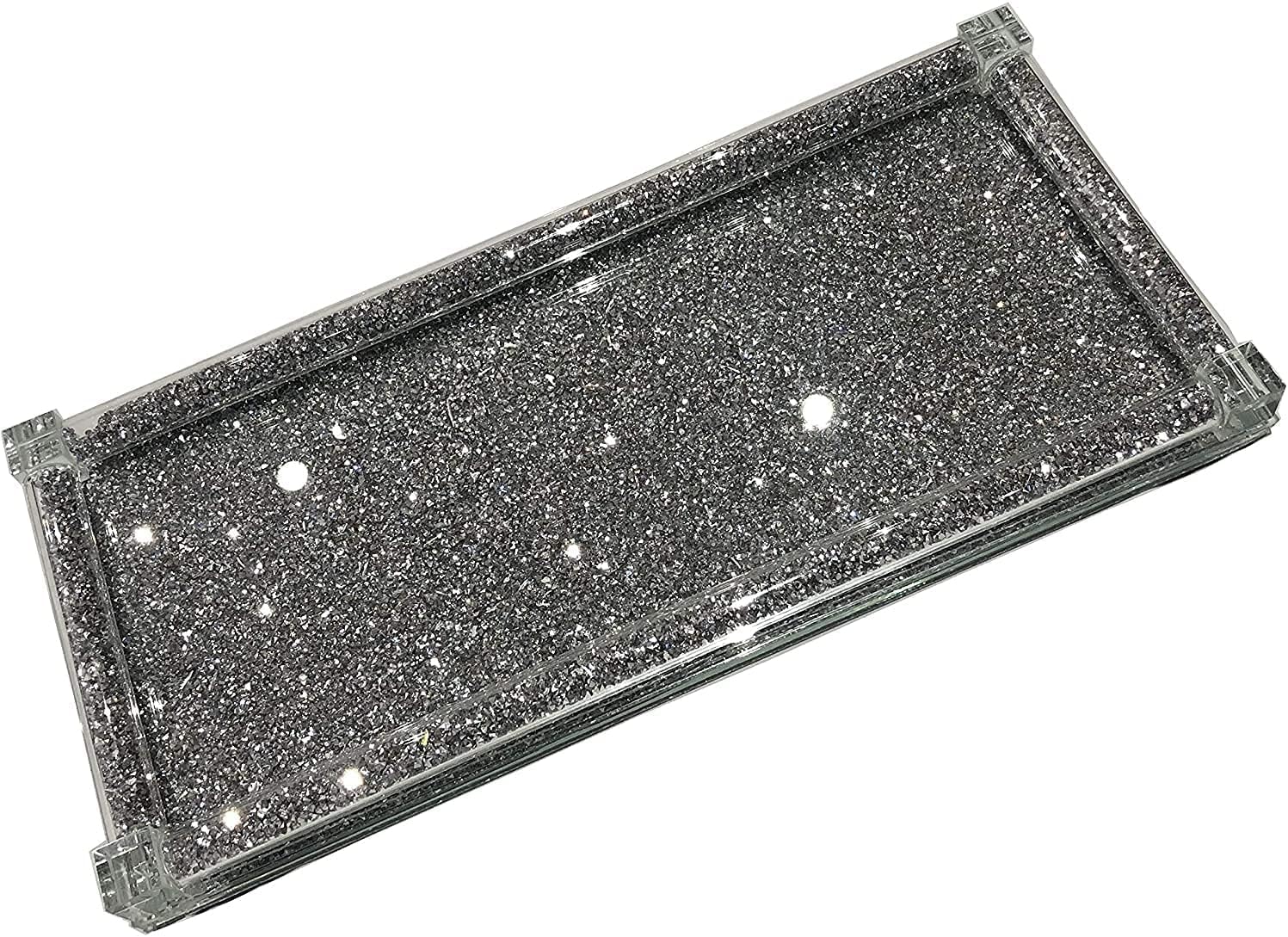 Segoy Silver Mirrored Crystal Vanity Canister Tray, Sparkle Ornament Bling Crushed Diamond Gift Jewellery And Makeup Tray, Dresser Bathroom Decor