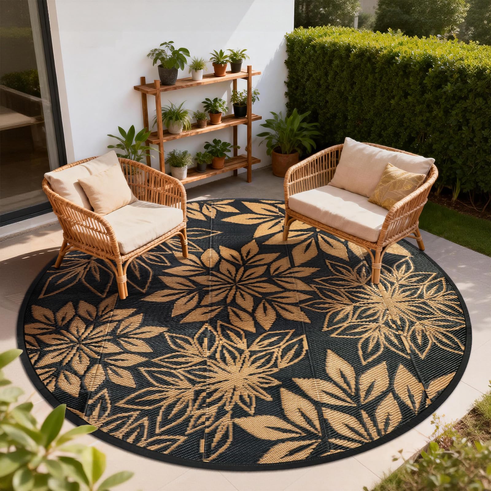 Tapis d'extérieur rond pour patio 180 cm, Feuilles noires, Tapis de jardin extérieur réversible imperméable, résistant aux UV, Tapis de sol rond pour patio extérieur pour balcon, terrasse