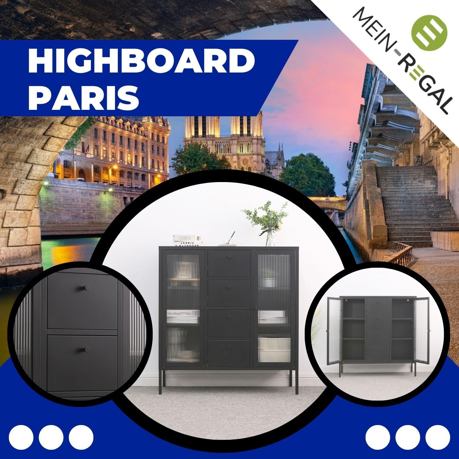 Highboard Paris Schwarz Beistellschrank Wohnzimmer Aufbewahrungsschrank Metall Schrank Ablage und Glastüren, Kommode für Bücher und Deko LxBxH ca. 105x35x110 cm