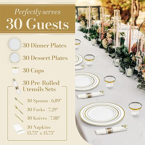 Miniatura 4 de Reli. Platos de plástico para fiesta  210 piezas  Blanco con borde dorado  Platos y servilletas  Suministros de fiesta  Juego de vajilla desechable