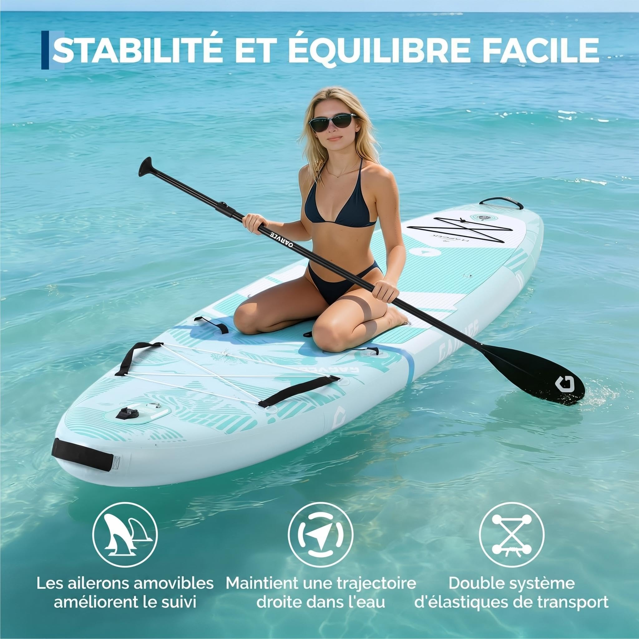 Garvee Sup Gonflable Haut de Gamme - Planche Debout Paddle avec Support caméra, pagaie réglable, Accessoires complets, Stable et Durable - Facile à Transporter - Taille 335×86×15 cm