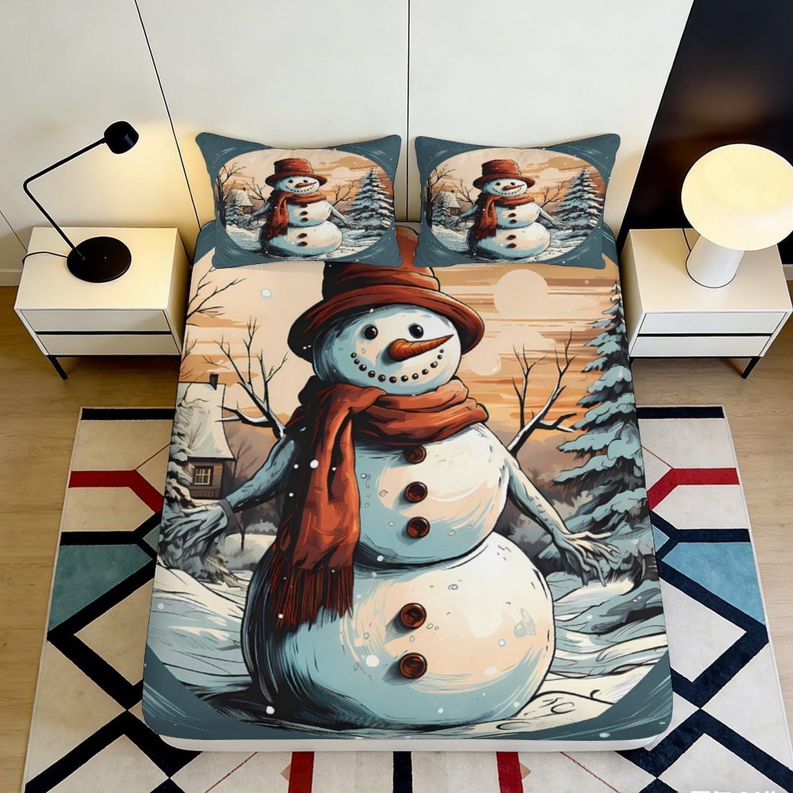 3D Printed Snowman Winter Forest Fitted Sheet Microfiber Soft Slip-Resistant Bed Cover for Bedroom Guest Room Decor 180x200x25cm