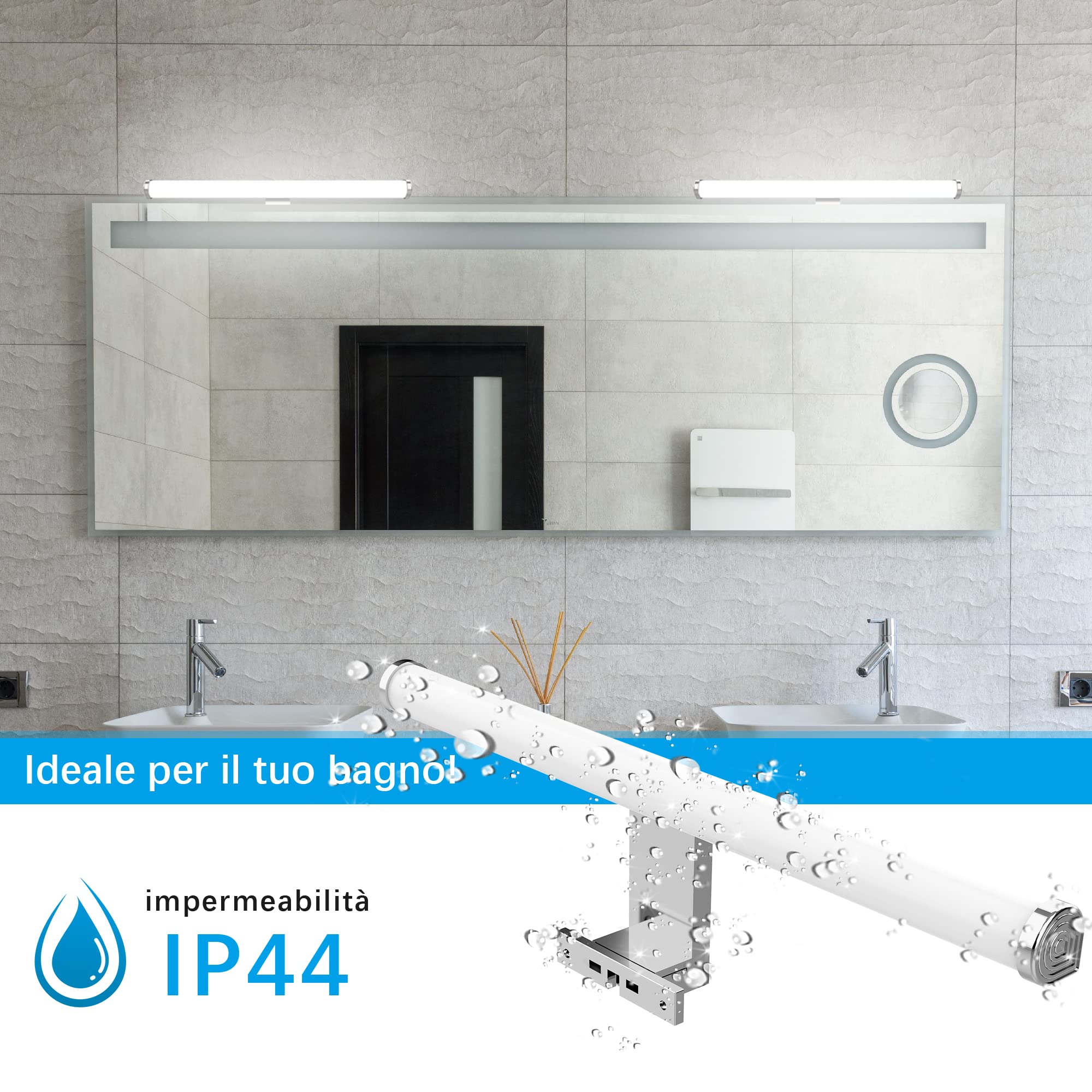 Aourow Lámpara de Espejo LED 40cm 10W 1200lm,Luz de Espejo de Baño Neutra Blanca Súper Brillante 4000K,Impermeable IP44,Aplique de Espejo de Baño No Estroboscópico 230V,Clase II(Sin Interruptor)