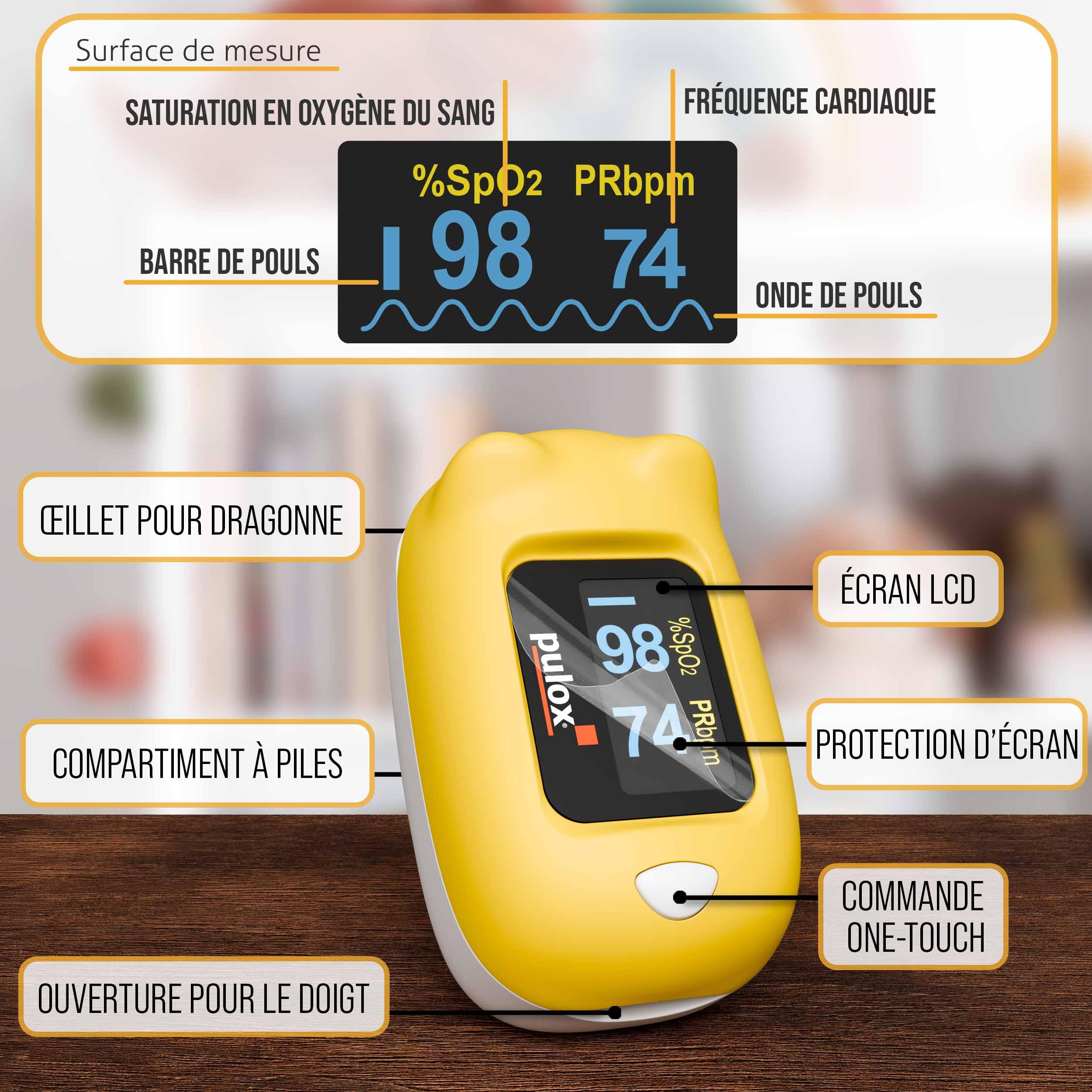 Pulox PO-230 Oxymètre de pouls pour enfants - En jaune avec autocollants - Mesure de la saturation en oxygène et de la fréquence cardiaque