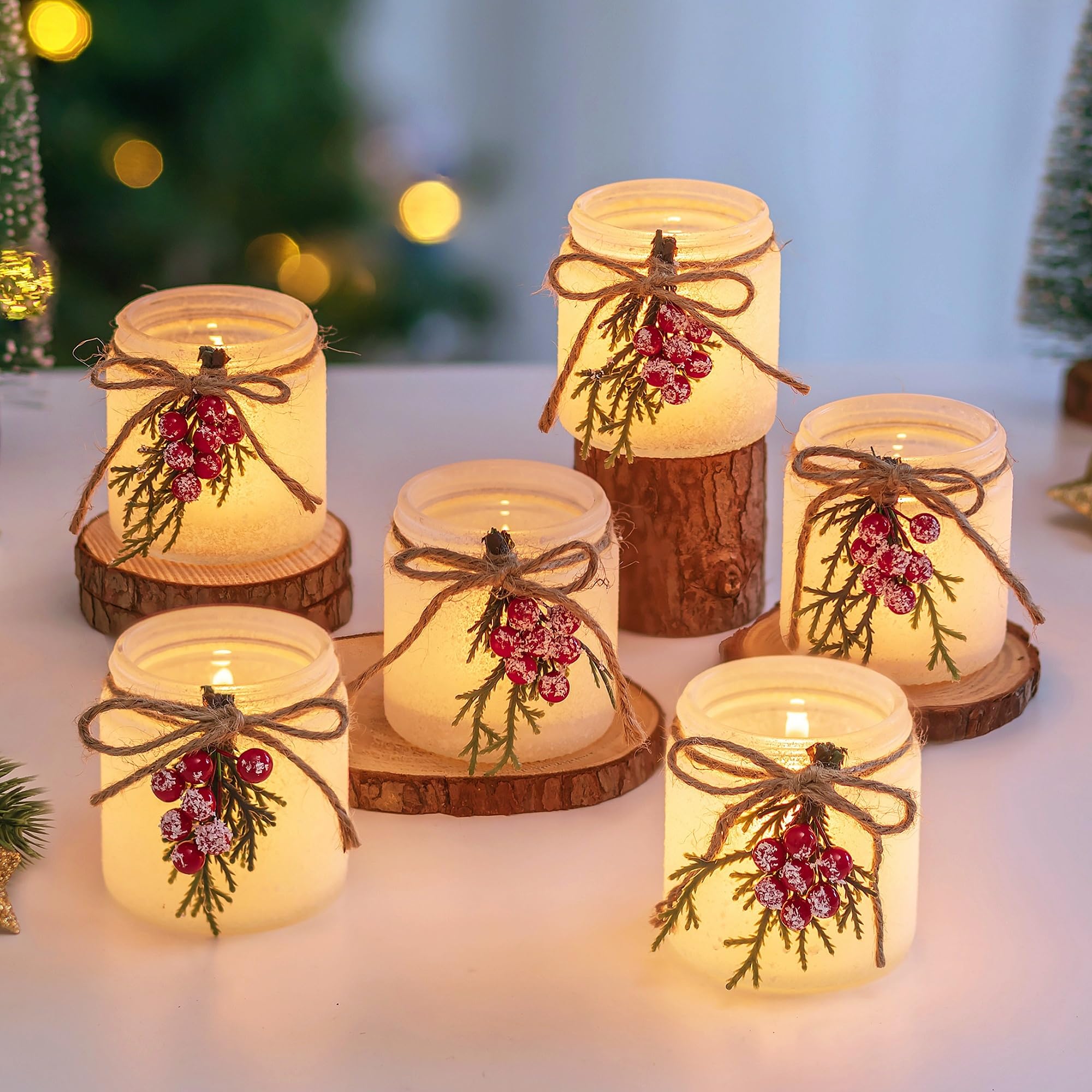 Glasseam Candelabros NavideñOs Decorativos: Juego De 6 Candelabros De Vidrio con Forma De Bayas Rojas Y Agujas De Pino para Centros De Mesa.