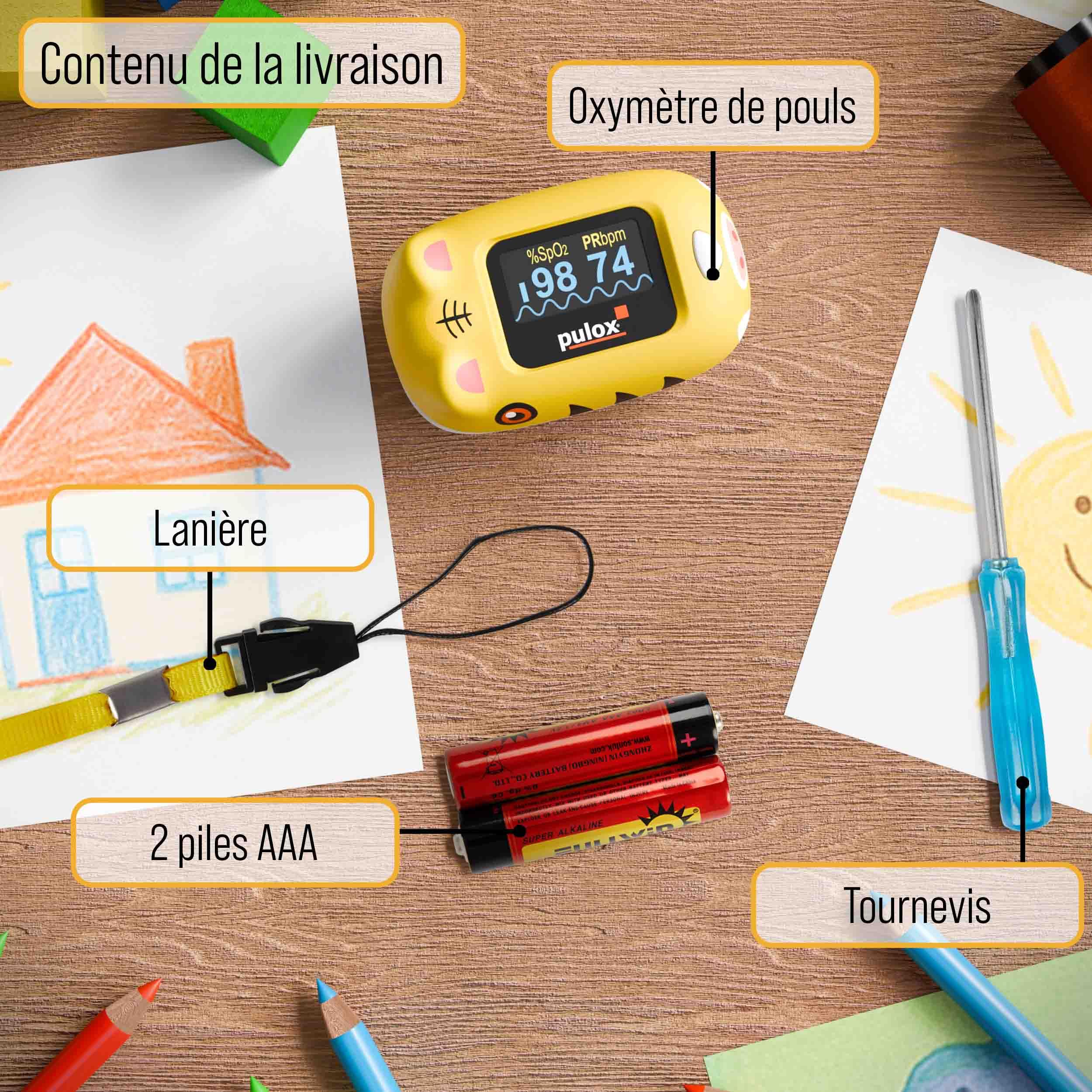 Pulox PO-230 Oxymètre de pouls pour enfants - En jaune avec autocollants - Mesure de la saturation en oxygène et de la fréquence cardiaque