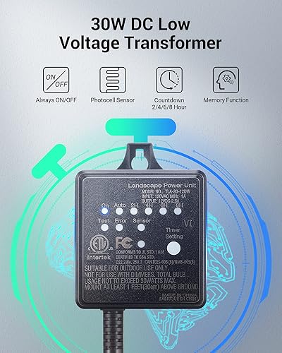 Miniatura 2 de DEWENWILS Transformador de bajo voltaje para exteriores de 30 W con temporizador y sensor de luz de fotocélula, 120 V CA a 12 V CC, resistente a la