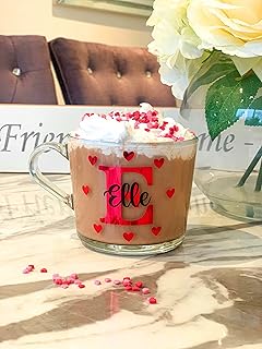 Personalised Valentines Day Glass Mug, Red Love Heart Coffee Tea Cup, Love Mugs for Her, Galentines Gifts, Clear Glass Mug with Initial, Mug with Name on it, Hot Chocolate Mug large, Birthday Present