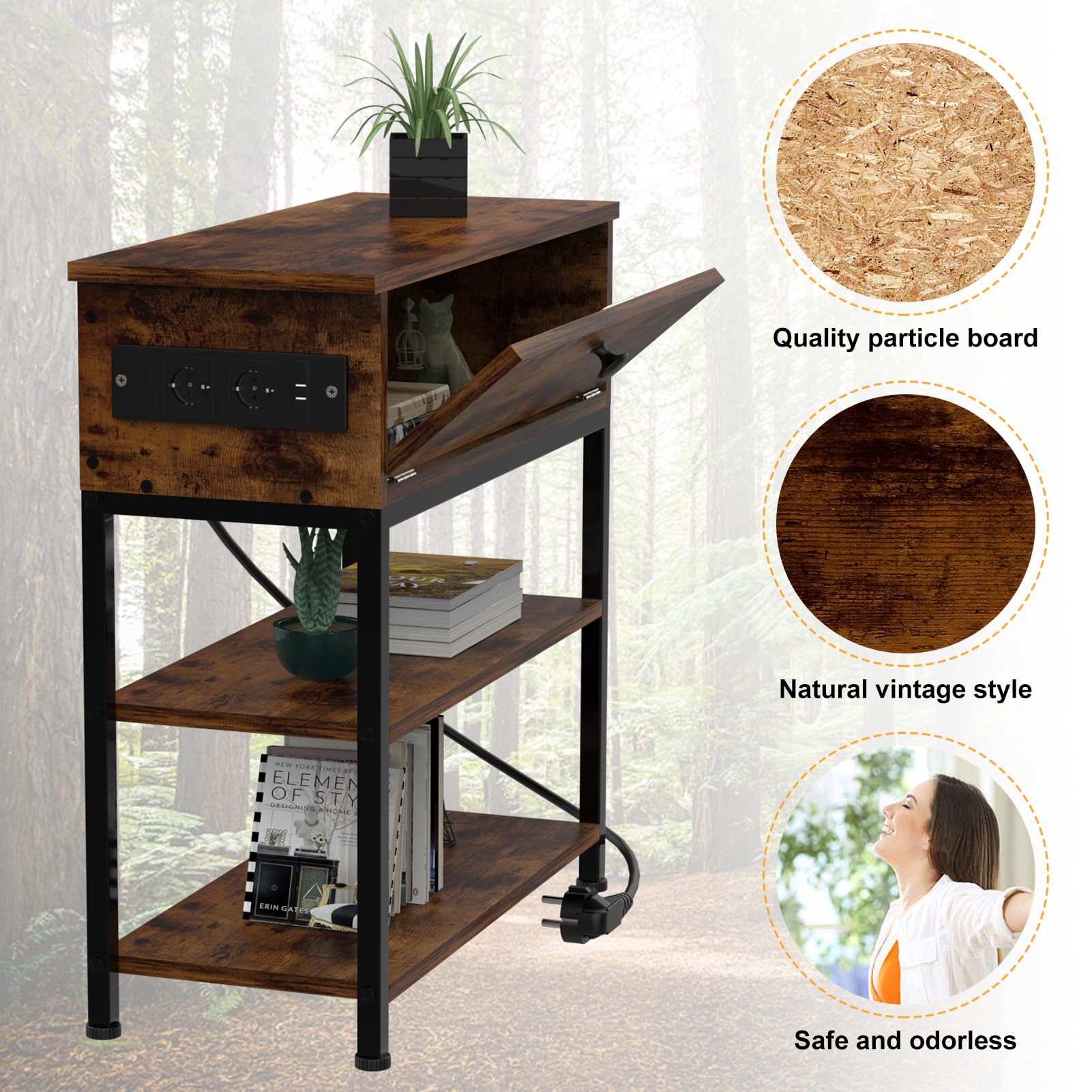 Mesita de Noche con Estación de Carga,Mesitas de Noche Dormitorio Moderna con Enchufe y Puertos USB, Mesilla de Noche para Salón,55 x 26 x 63 cm,Mesa de Noche Marrón Vinta