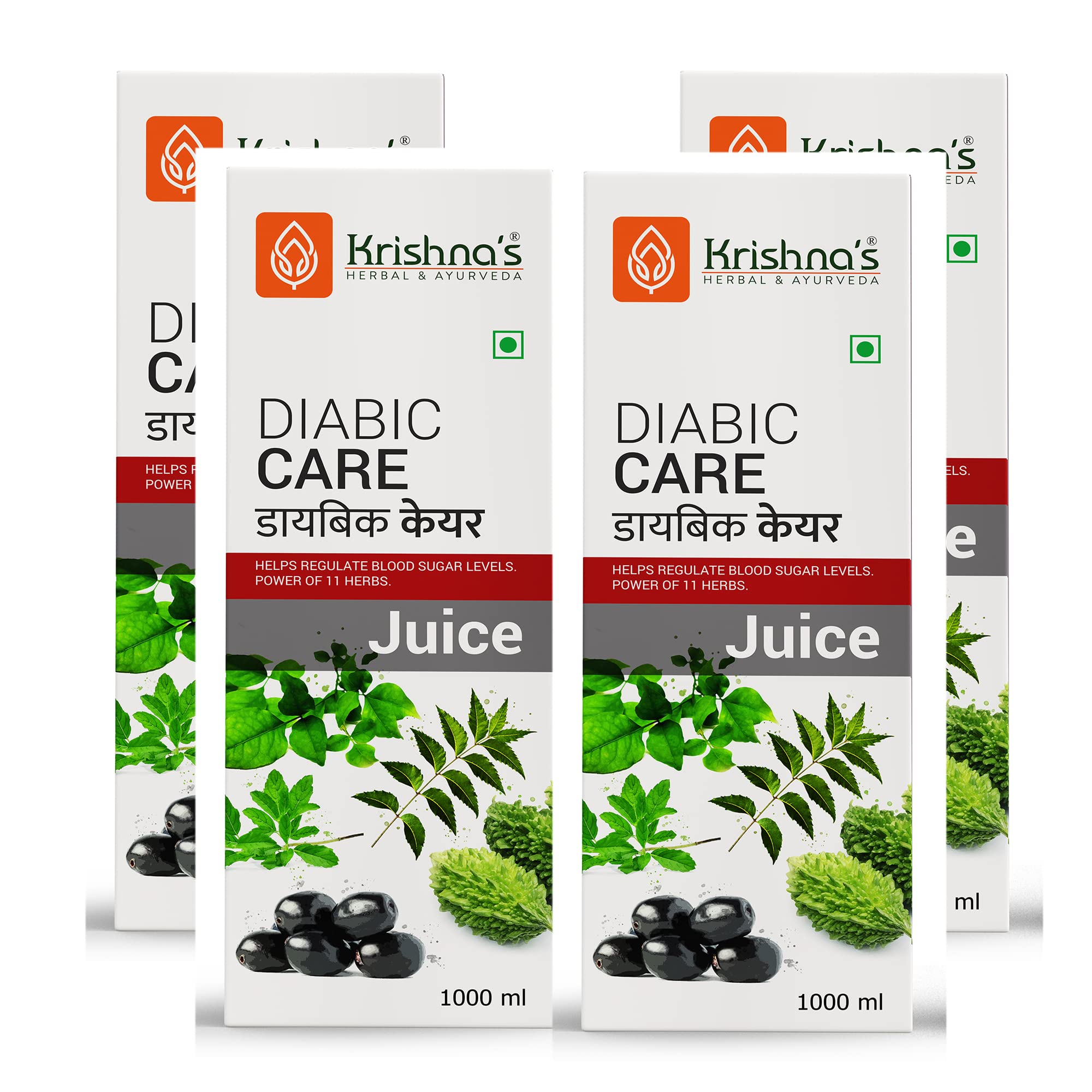Krishna's Diabic Care Juice - 1000 ml (Pack of 4) | Mix of 11 Herbs Methi, Amla, Karela, Jamun, Kutki, Guduchi & 5 Other Herbs to Control Sugar Content | Health Drink | Made