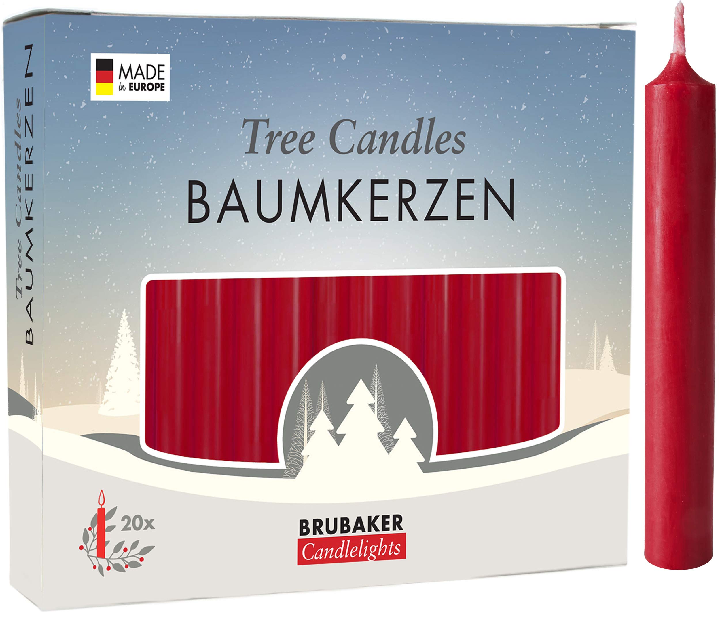 BRUBAKER Tree Candles - Pack of 20 - Dark Red - 3¾ x ½ Inches (9.5 x 1.27cm) - Made in Europe - Pyramids, Carousels & Chimes