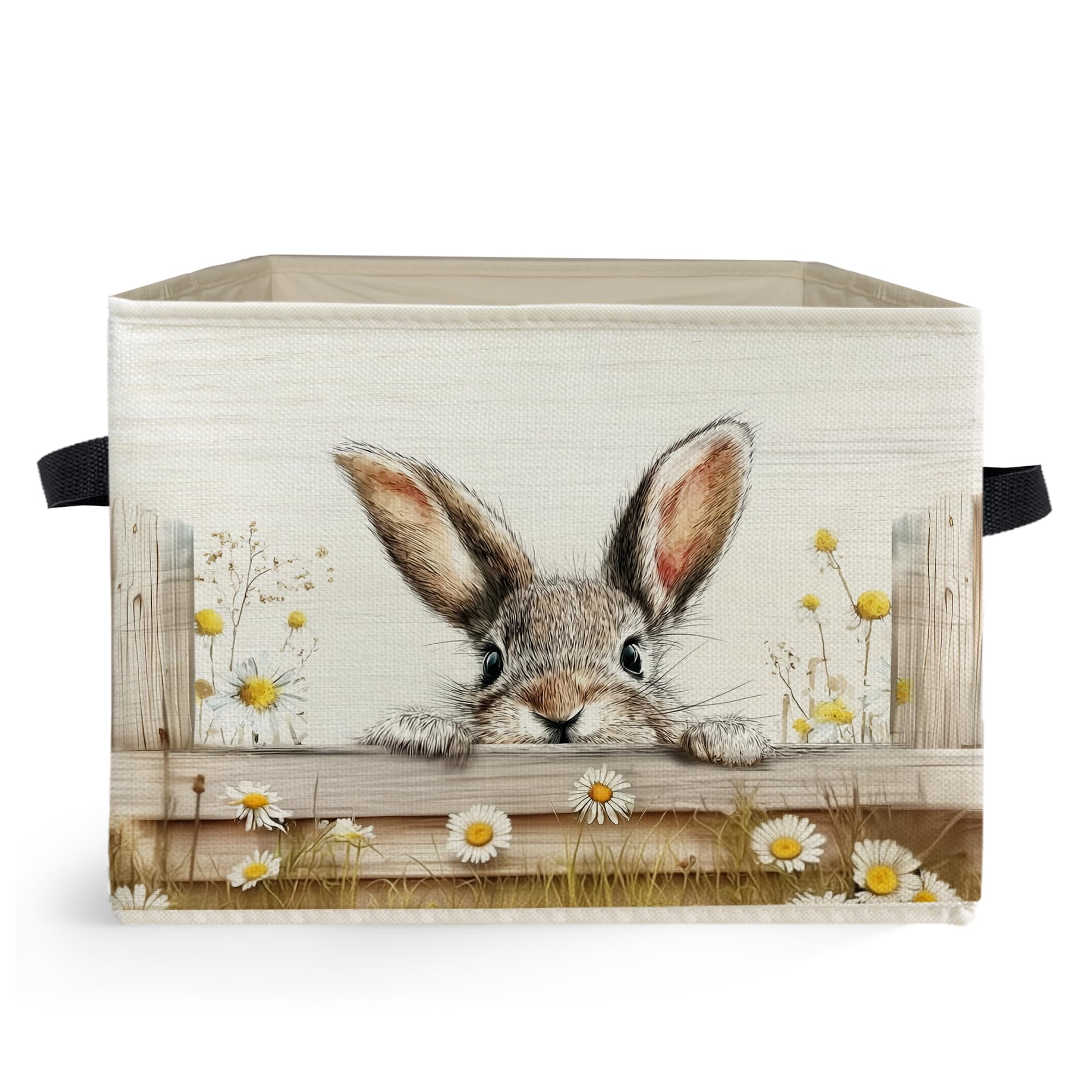 Ghoaoivo Farmhouse Daisy Floral Bunny Storage Box Bins, Rustic Cottagecore Rabbit Collapsible Storage Basket Organizer for Girls Bedroom Laundry Room Home Clothes Books, Decor for Room