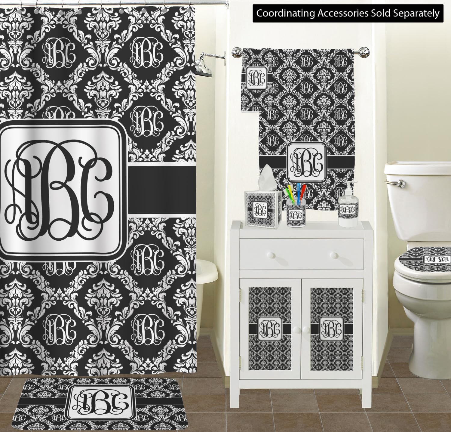 Personalized Monogrammed Damask Waste Basket - Double Sided (Black)
