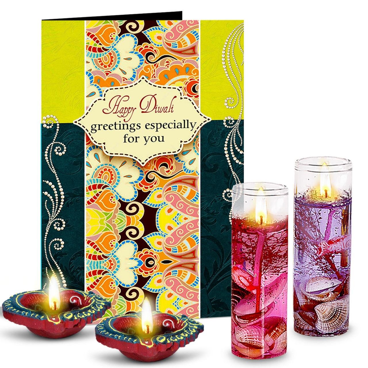 Happy Diwali Greetings Especially for You 2 Diyas, Jelly Candles & Greeting Card Gift Set