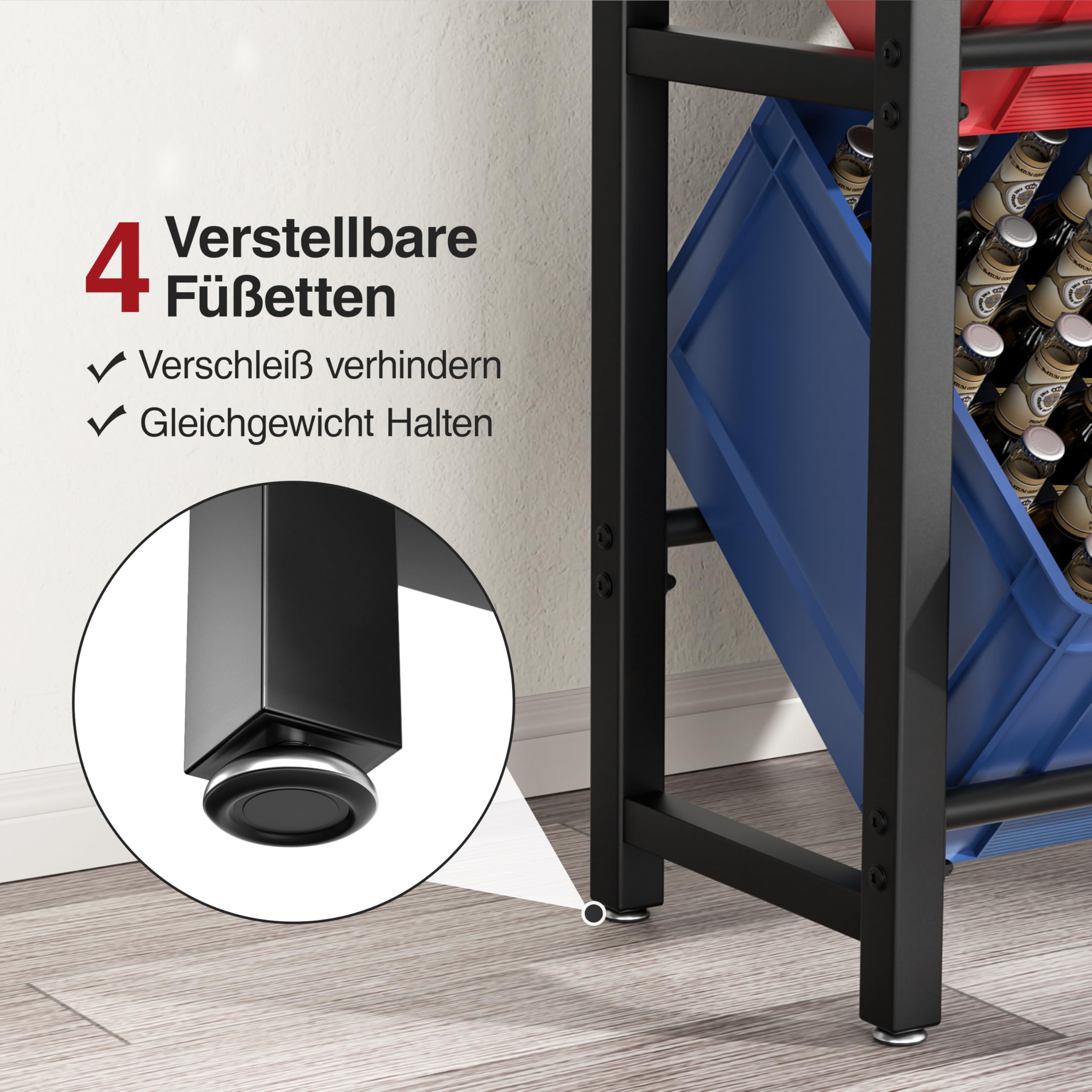 Josmimic Getränkekistenregal mit Ablage für 4 Kästen – Stabiles Metallregal in Schwarz, Platzsparendes Getränkekistenständer für Bier, Wasser & Softdrinks – Ideal für Küche, Keller & Abstellraum