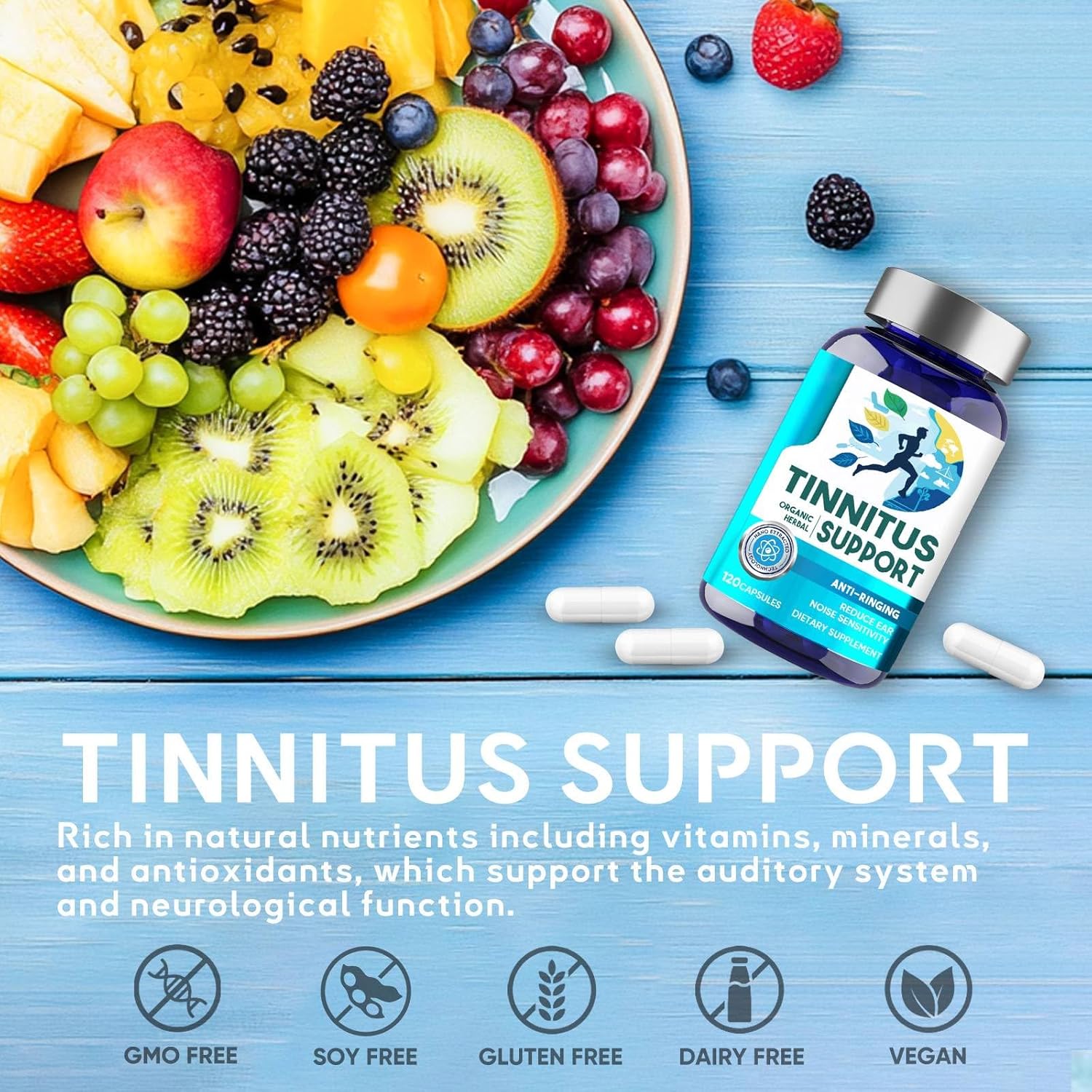 Tinnitus Supplement 120 Capsules, Tinnitus Relief for Ringing Ears, with Vitamin C & B Complex, Reduce Ear Noise Support Health Hearing
