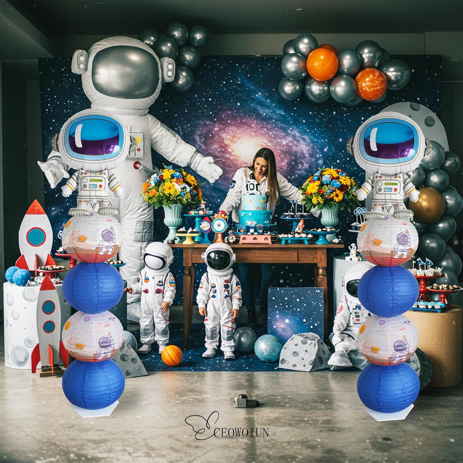 Astronaut Balloons Column Stand Kit And Paper Lantern 2 Sets 5.9 Feet with Reusable Metal Telescopic Design， For Outer Space Themed Parties, Birthday