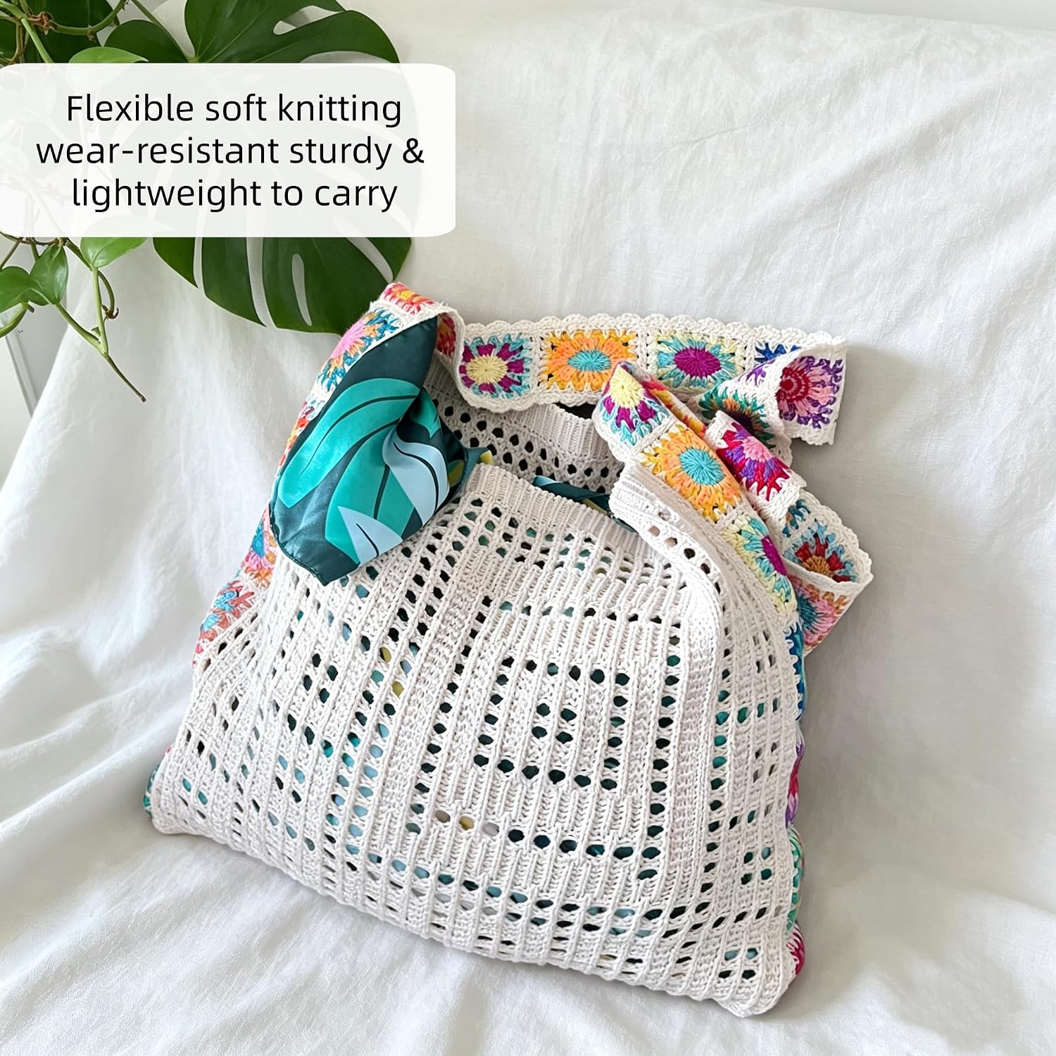 Women's Boho Crochet Tote Bag,Shoulder Bag with Colorful Floral Strap,Knit Hollow Out Crossbody Purse for Travel & Casual Daily Use