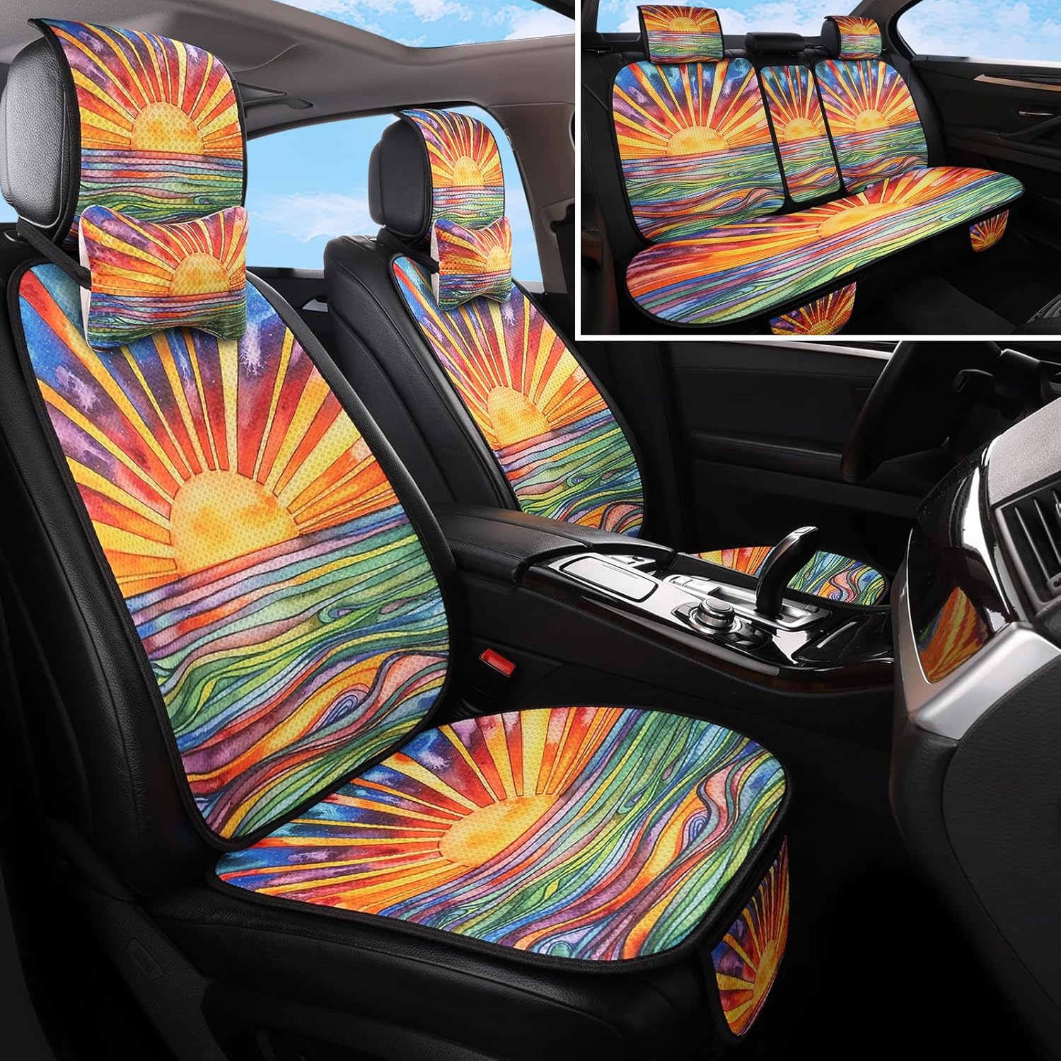 Car Seat Covers Set, 5 - Seat Full Set with Headrest, Colorful Sunset Design Honeycomb Knit Fabric, Breathable & All - Season Universal Automotive Seat Protectors